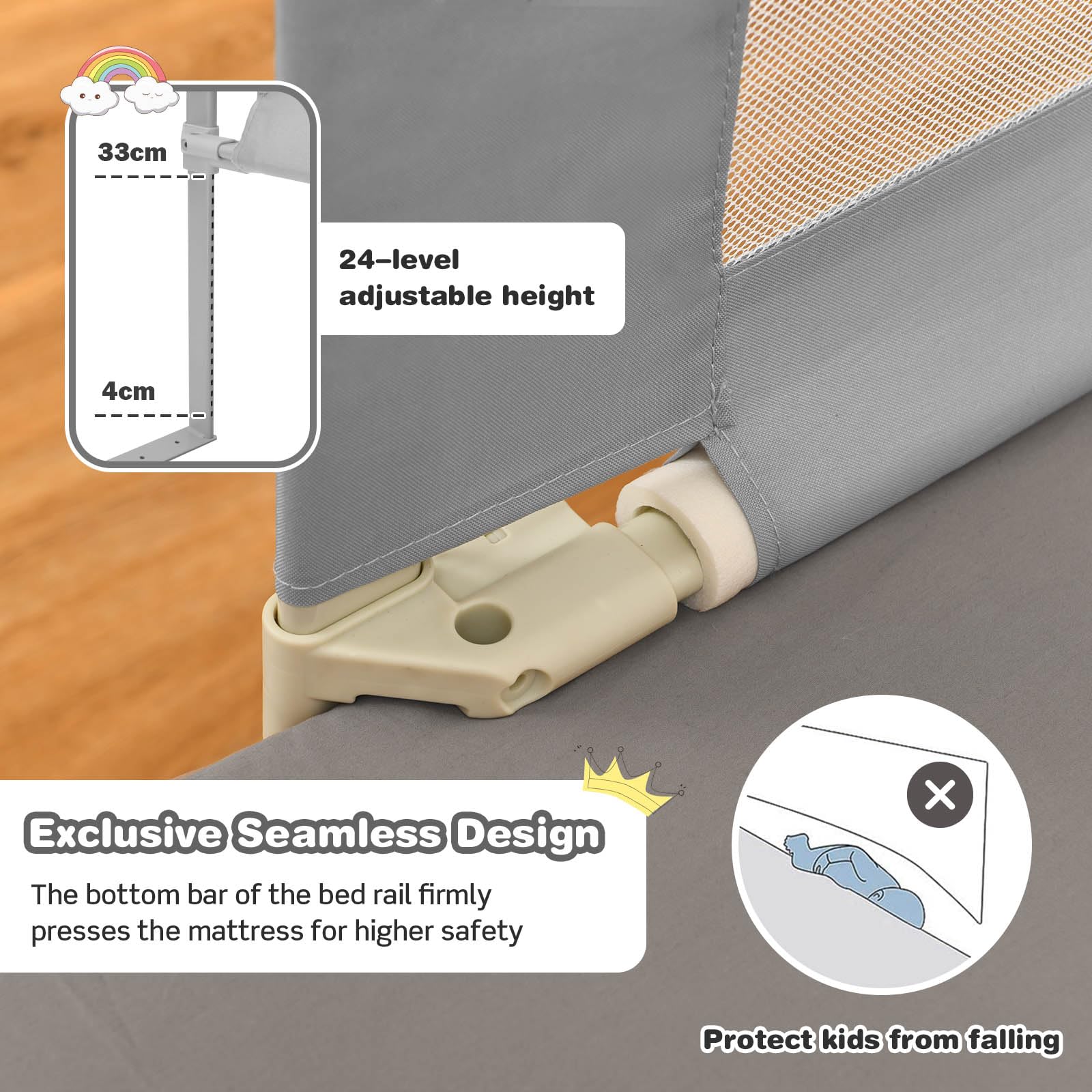 BABY JOY 176/195CM Toddler Bedrail, Extra Tall Safety Bed Guardrail W/Anti-Collision Cotton & Side Pocket - Image 5