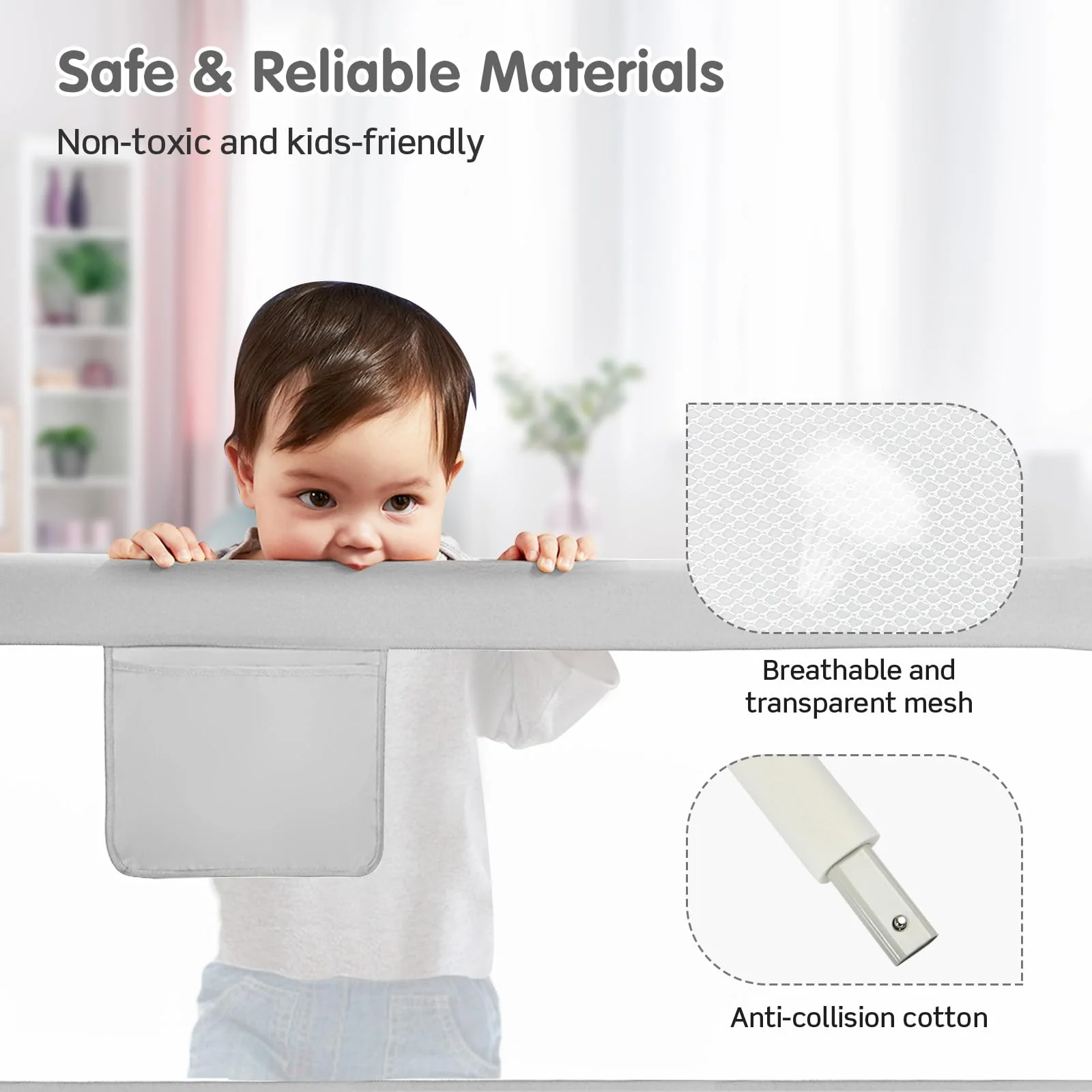 BABY JOY 176/195CM Toddler Bedrail, Extra Tall Safety Bed Guardrail W/Anti-Collision Cotton & Side Pocket - Image 6