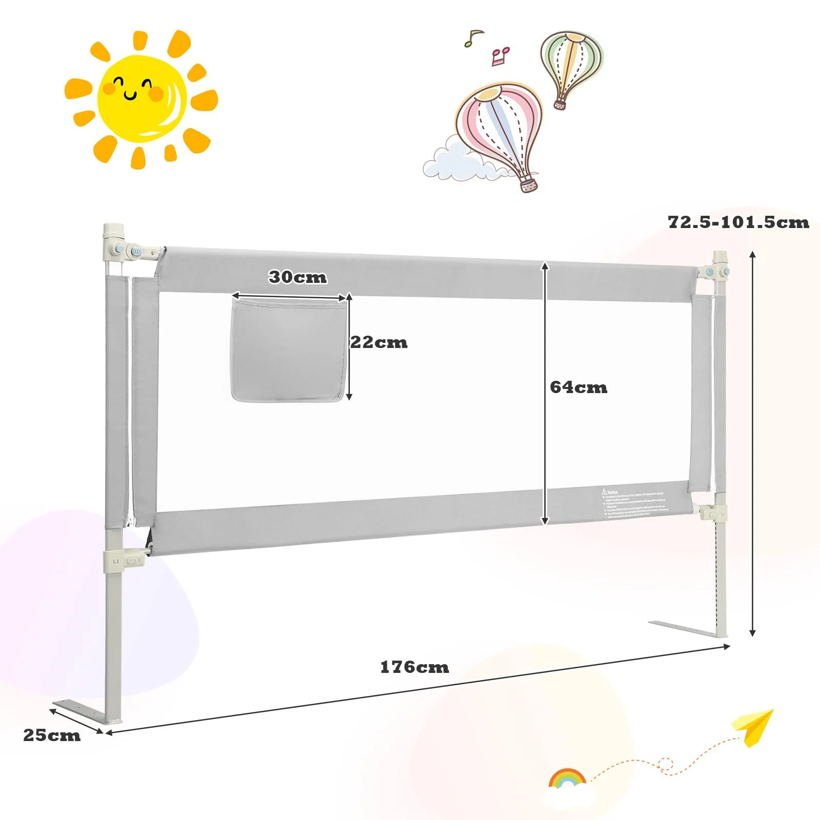 BABY JOY 176/195CM Toddler Bedrail, Extra Tall Safety Bed Guardrail W/Anti-Collision Cotton & Side Pocket - Image 7