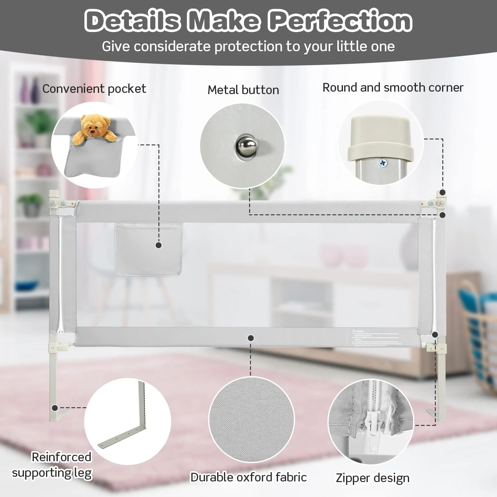 BABY JOY 176/195CM Toddler Bedrail, Extra Tall Safety Bed Guardrail W/Anti-Collision Cotton & Side Pocket - Image 8