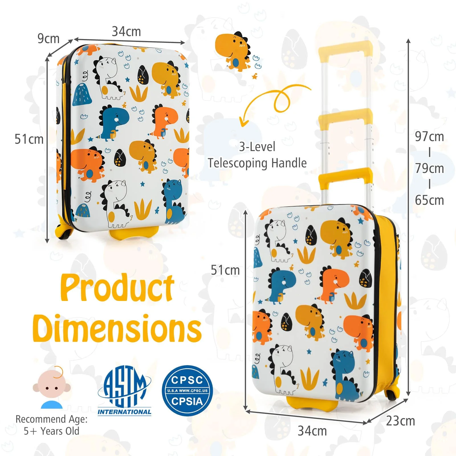 BABY JOY 20” Kids Luggage, Foldable Children Trolley Kids Carry On Luggage with Wheels, Retractable Handle & Airline Approved Design - Image 15