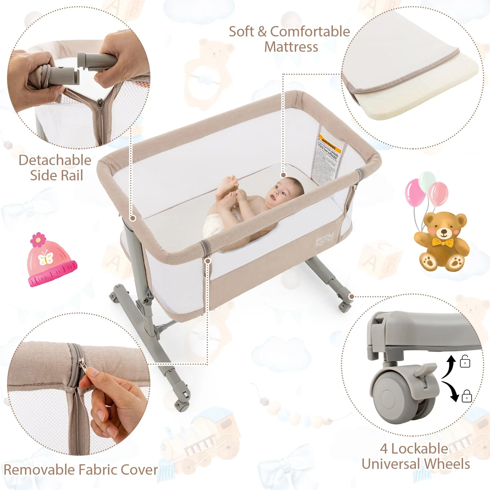 BABY JOY 3 in 1 Baby Bedside Bassinet Baby Cot with Mattress & 5 Adjustable Height - Image 4