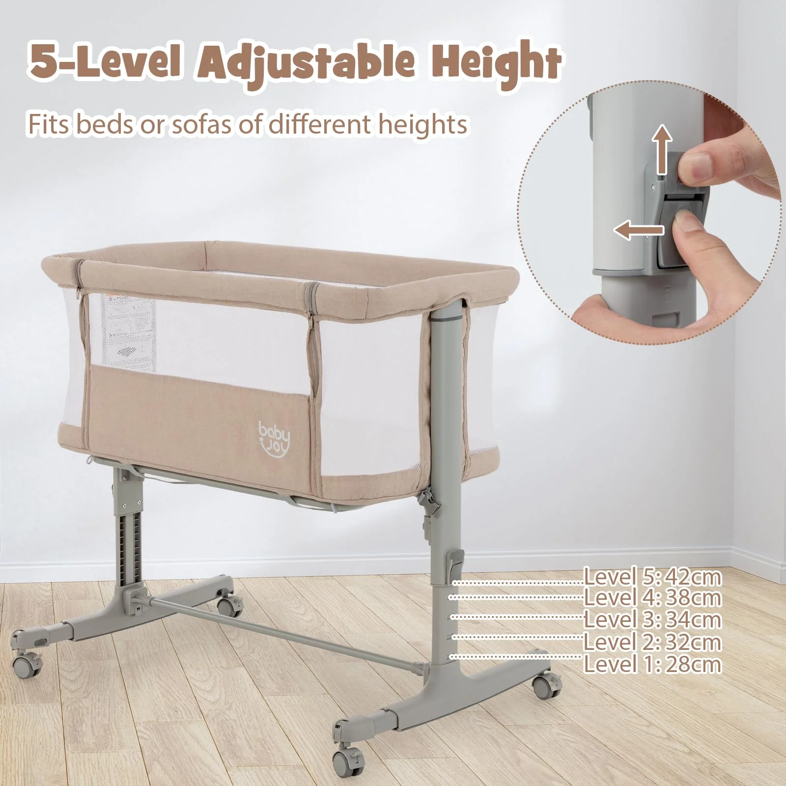 BABY JOY 3 in 1 Baby Bedside Bassinet Baby Cot with Mattress & 5 Adjustable Height - Image 6
