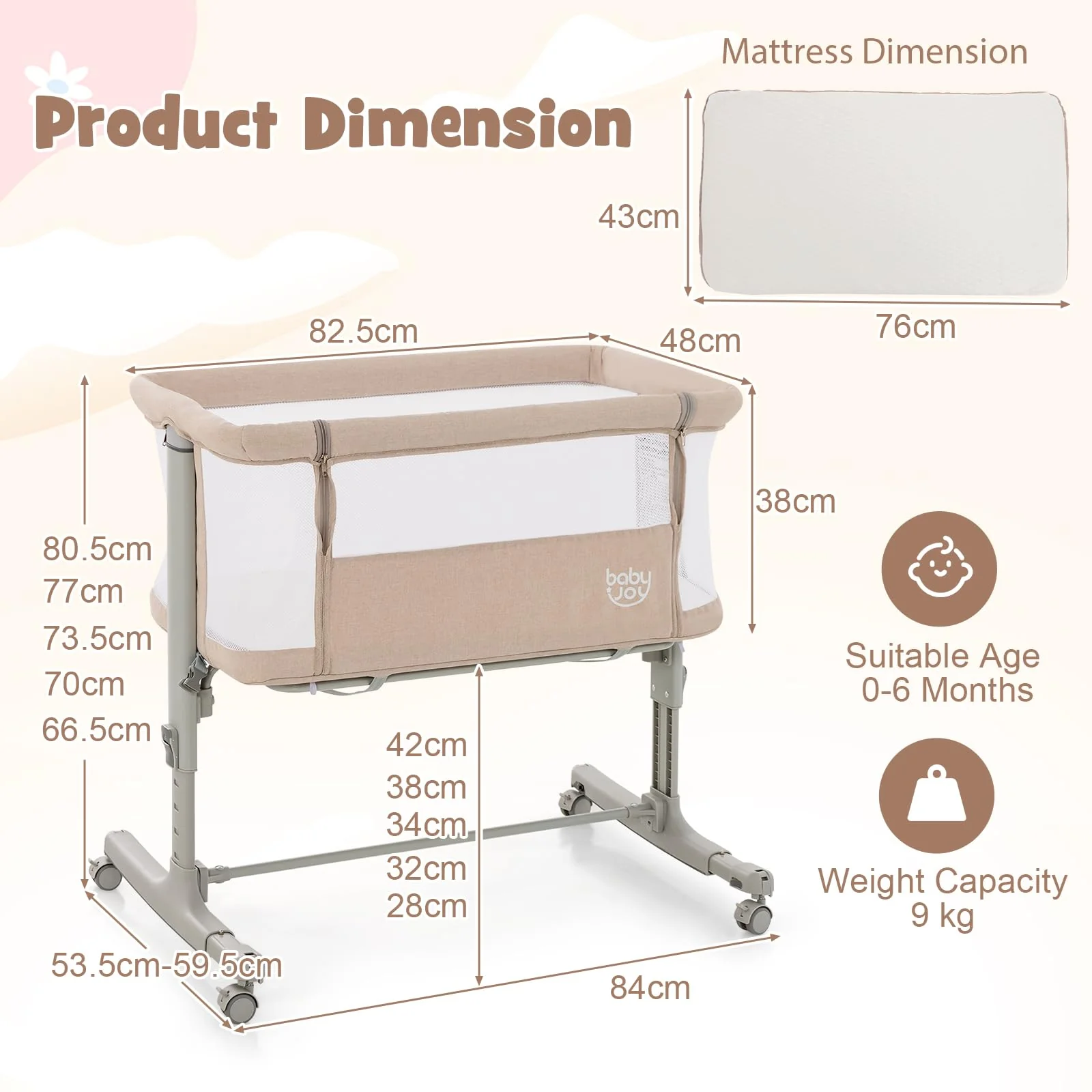 BABY JOY 3 in 1 Baby Bedside Bassinet Baby Cot with Mattress & 5 Adjustable Height - Image 7