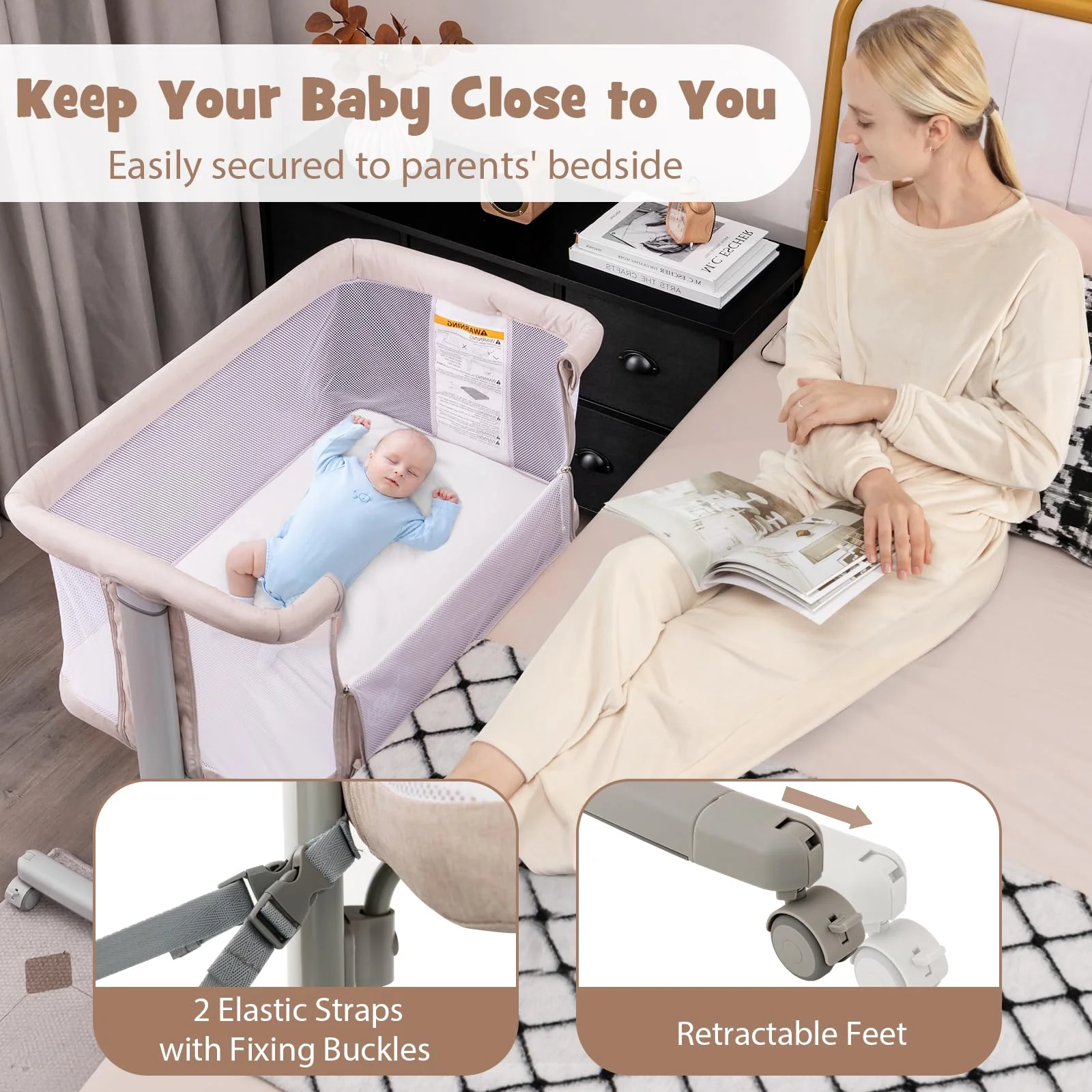 BABY JOY 3 in 1 Baby Bedside Bassinet Baby Cot with Mattress & 5 Adjustable Height - Image 9