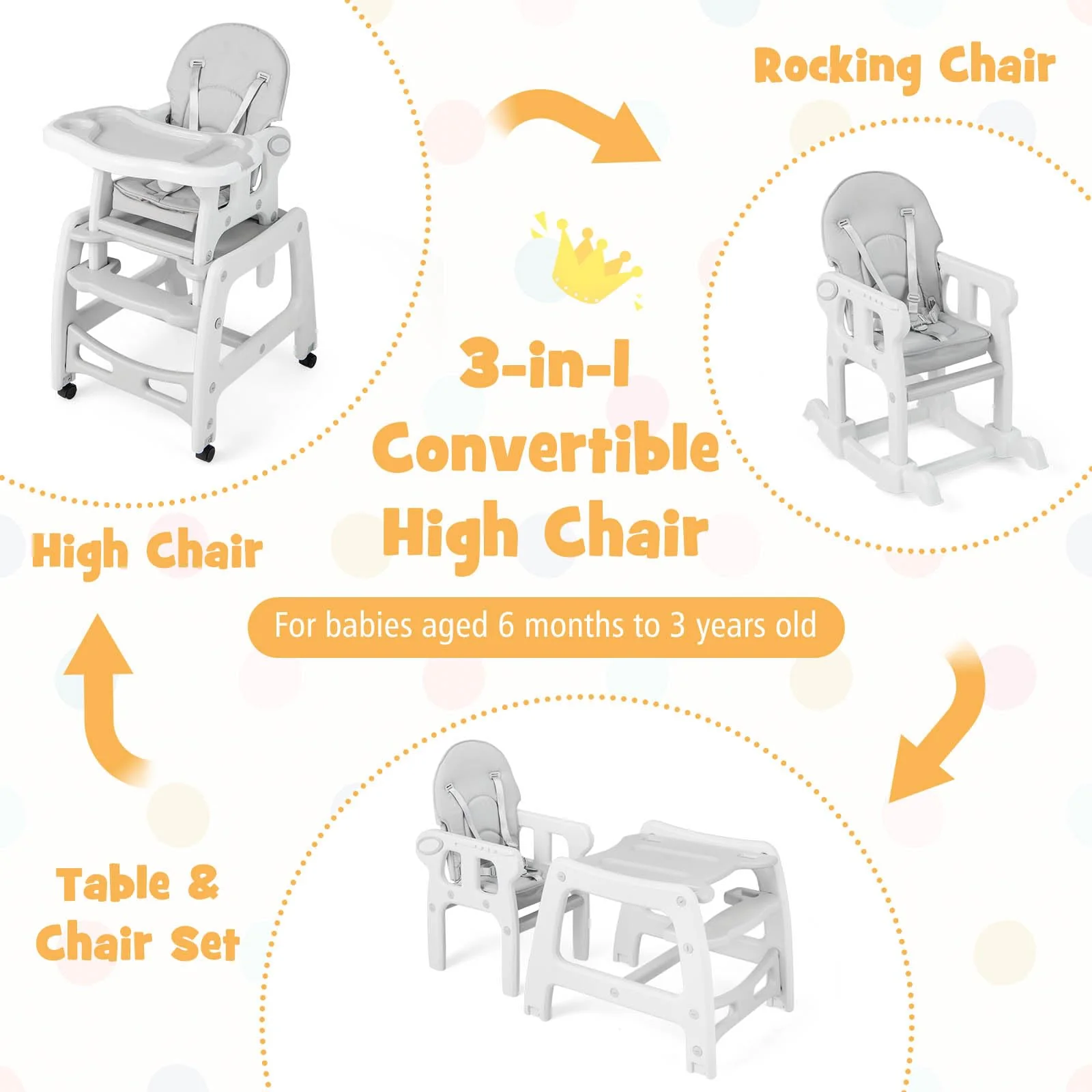BABY JOY 3-in-1 Baby High Chair, Convertible Feeding Chair Toddler Table Chair Set w/Removable 4-Position Tray, Seat Cushion - Image 4