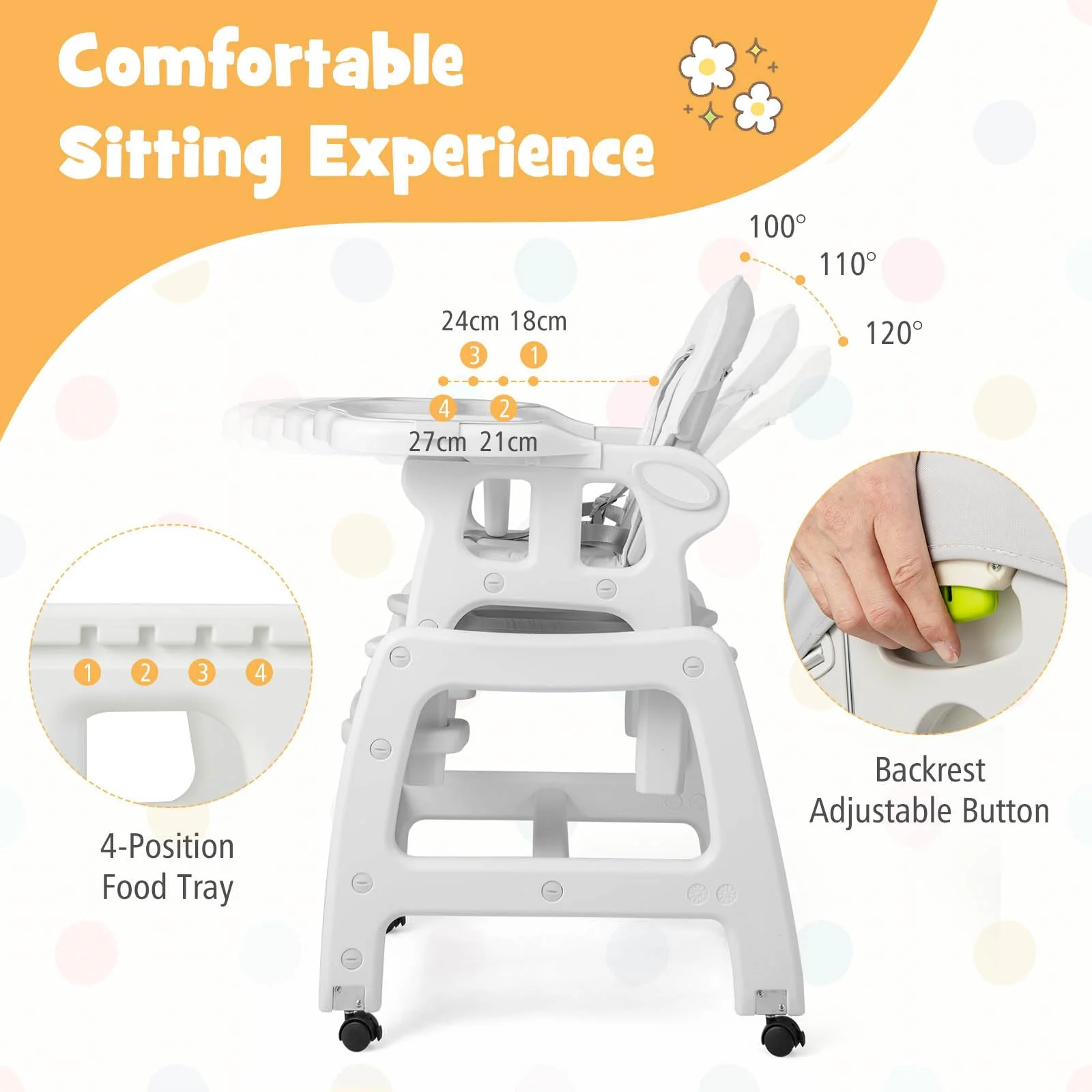 BABY JOY 3-in-1 Baby High Chair, Convertible Feeding Chair Toddler Table Chair Set w/Removable 4-Position Tray, Seat Cushion - Image 5