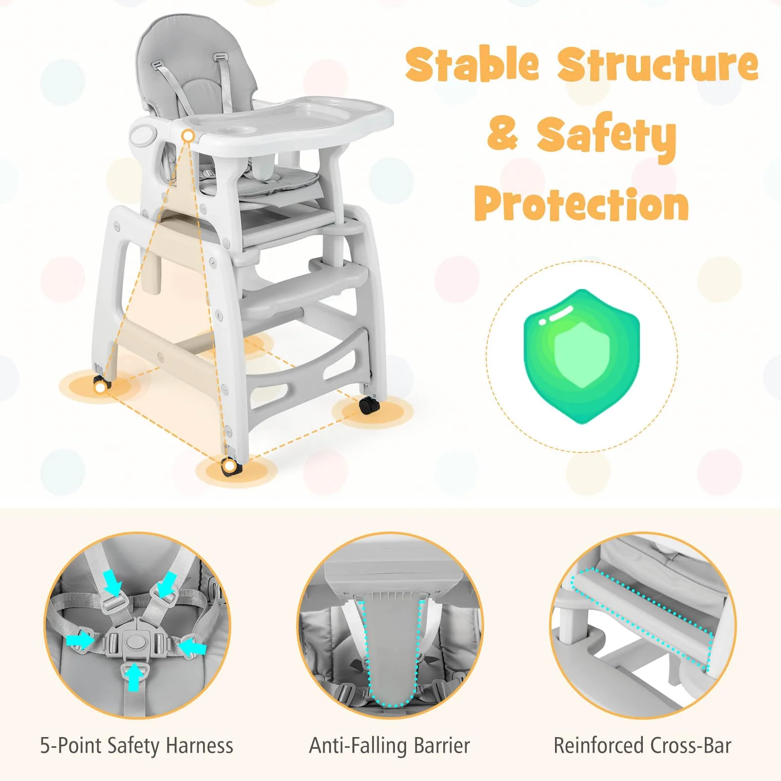 BABY JOY 3-in-1 Baby High Chair, Convertible Feeding Chair Toddler Table Chair Set w/Removable 4-Position Tray, Seat Cushion - Image 6