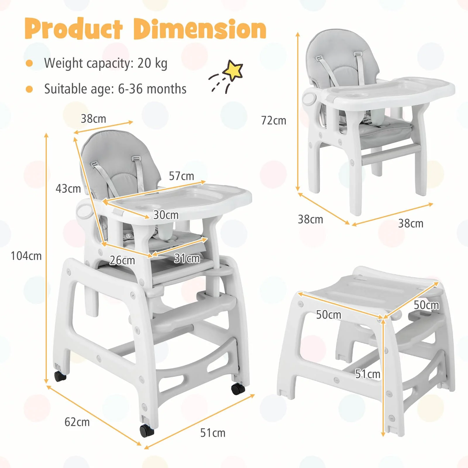 BABY JOY 3-in-1 Baby High Chair, Convertible Feeding Chair Toddler Table Chair Set w/Removable 4-Position Tray, Seat Cushion - Image 7