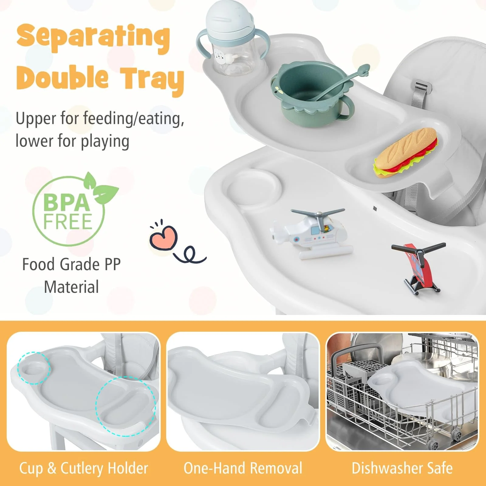 BABY JOY 3-in-1 Baby High Chair, Convertible Feeding Chair Toddler Table Chair Set w/Removable 4-Position Tray, Seat Cushion - Image 8