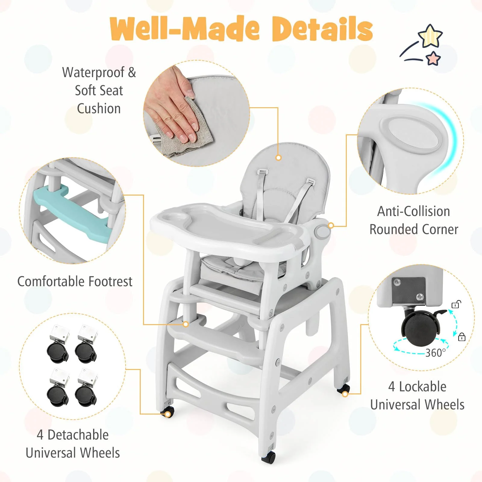 BABY JOY 3-in-1 Baby High Chair, Convertible Feeding Chair Toddler Table Chair Set w/Removable 4-Position Tray, Seat Cushion - Image 9