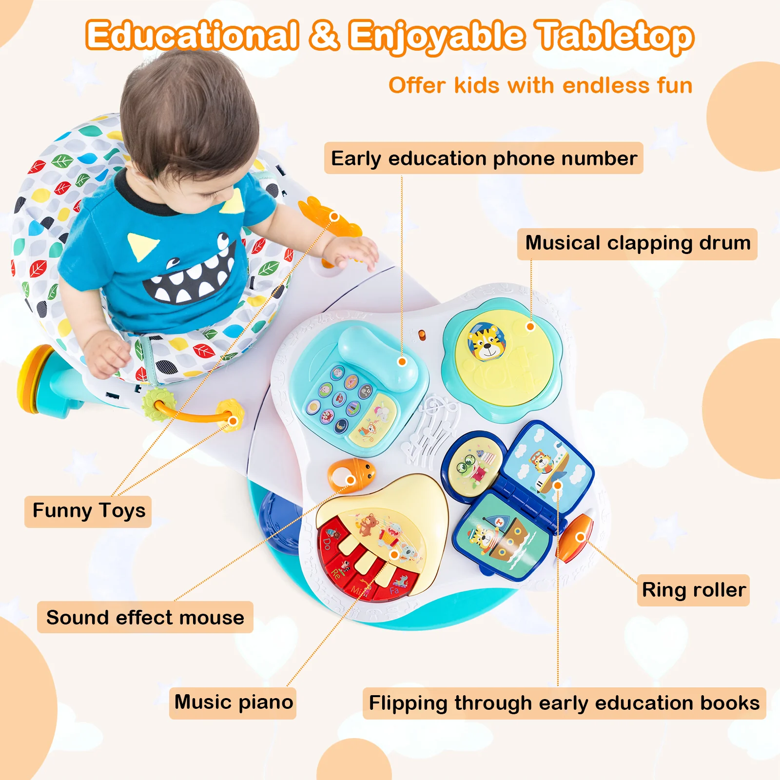 BABY JOY 3 in 1 Baby Stationary Activity Center, Kids Play Table Set w/Educational & Music Function Tabletop - Image 4