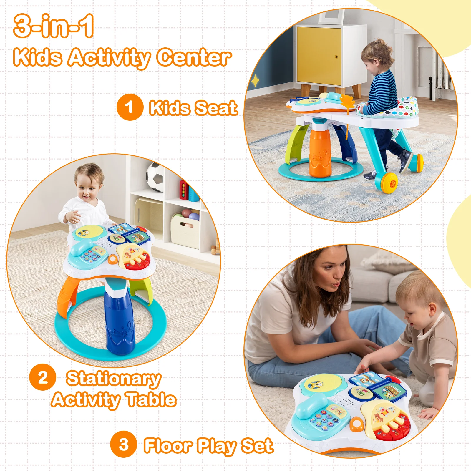 BABY JOY 3 in 1 Baby Stationary Activity Center, Kids Play Table Set w/Educational & Music Function Tabletop - Image 8