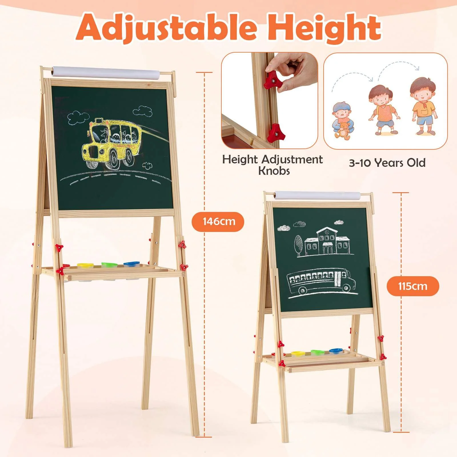 BABY JOY 3 in 1 Easel for Kid, Height Adjustable Wooden Art Easel - Image 3