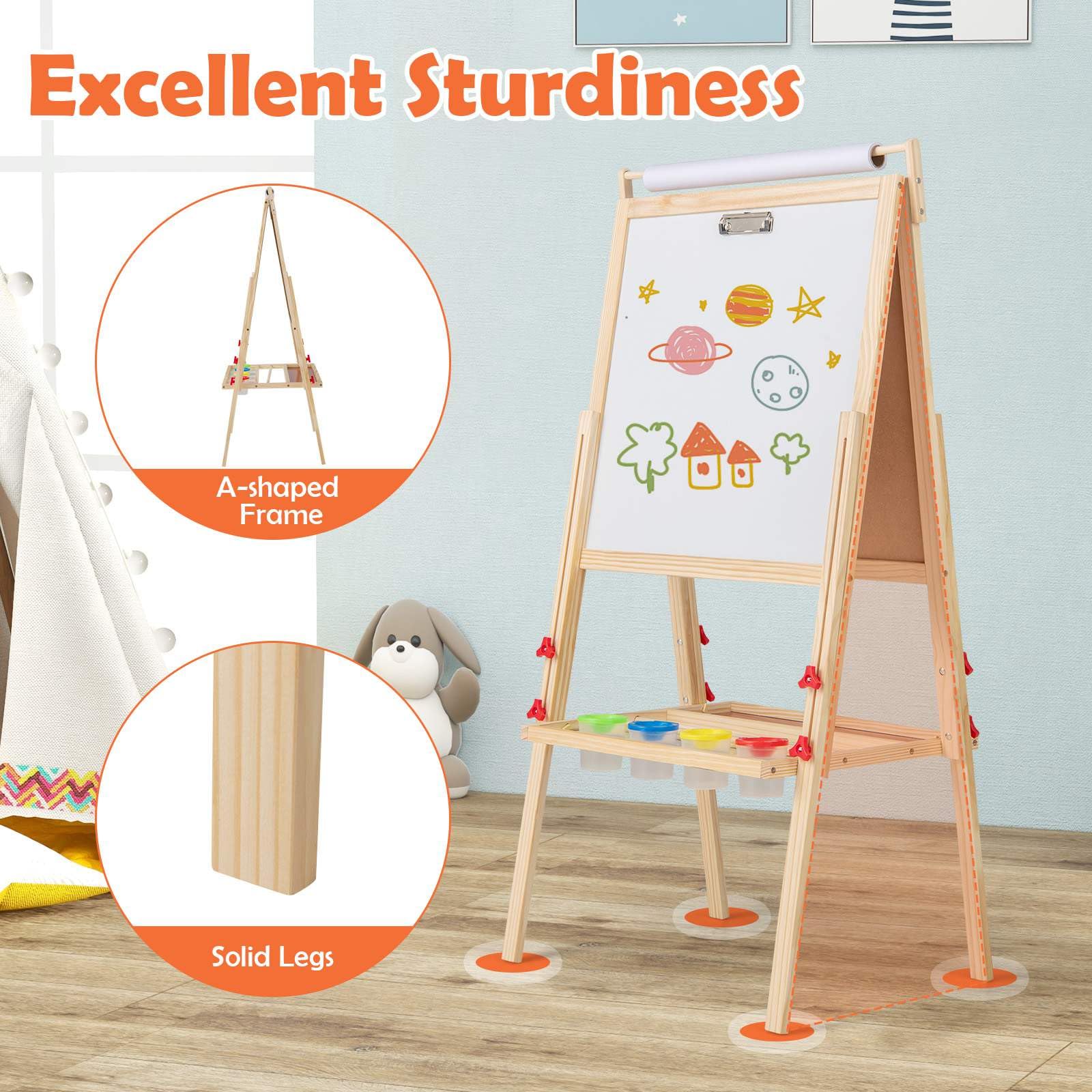 BABY JOY 3 in 1 Easel for Kid, Height Adjustable Wooden Art Easel - Image 5