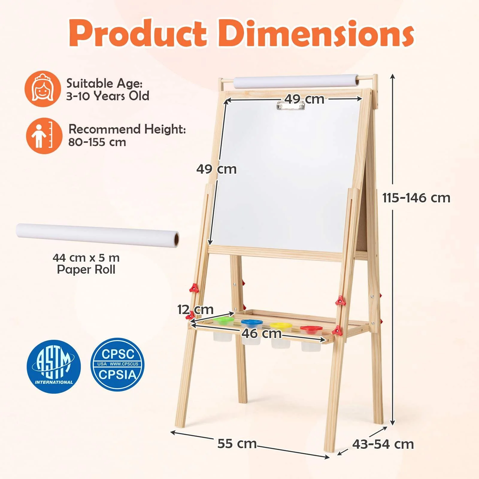 BABY JOY 3 in 1 Easel for Kid, Height Adjustable Wooden Art Easel - Image 6