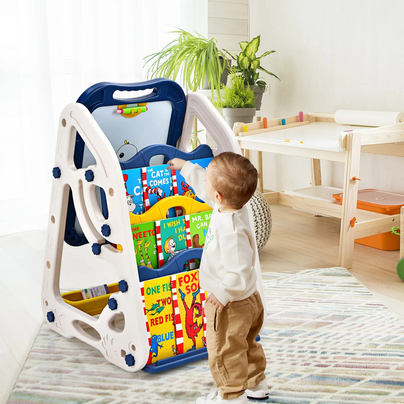 BABY JOY 3 in 1 Kids Art Easel, Double Sided Whiteboard & Chalkboard w/Book Storage Rack - Image 2