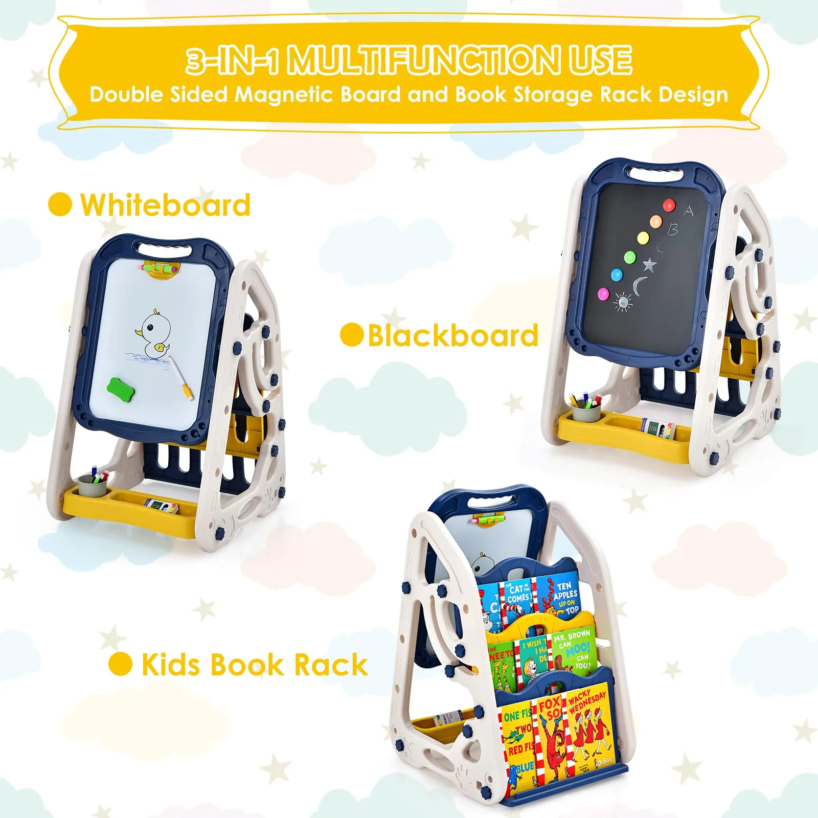 BABY JOY 3 in 1 Kids Art Easel, Double Sided Whiteboard & Chalkboard w/Book Storage Rack - Image 5