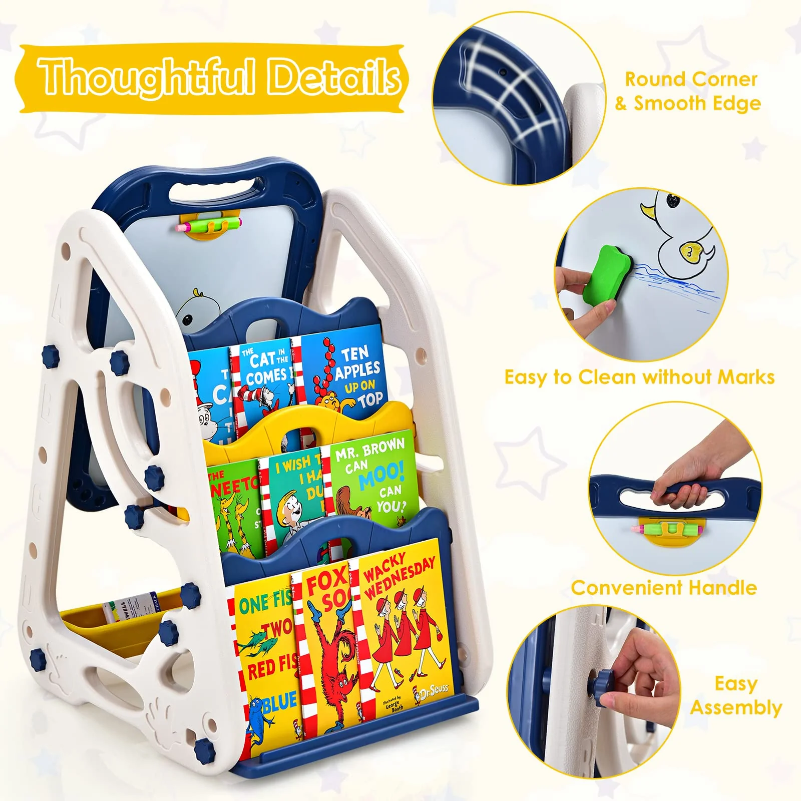 BABY JOY 3 in 1 Kids Art Easel, Double Sided Whiteboard & Chalkboard w/Book Storage Rack - Image 6
