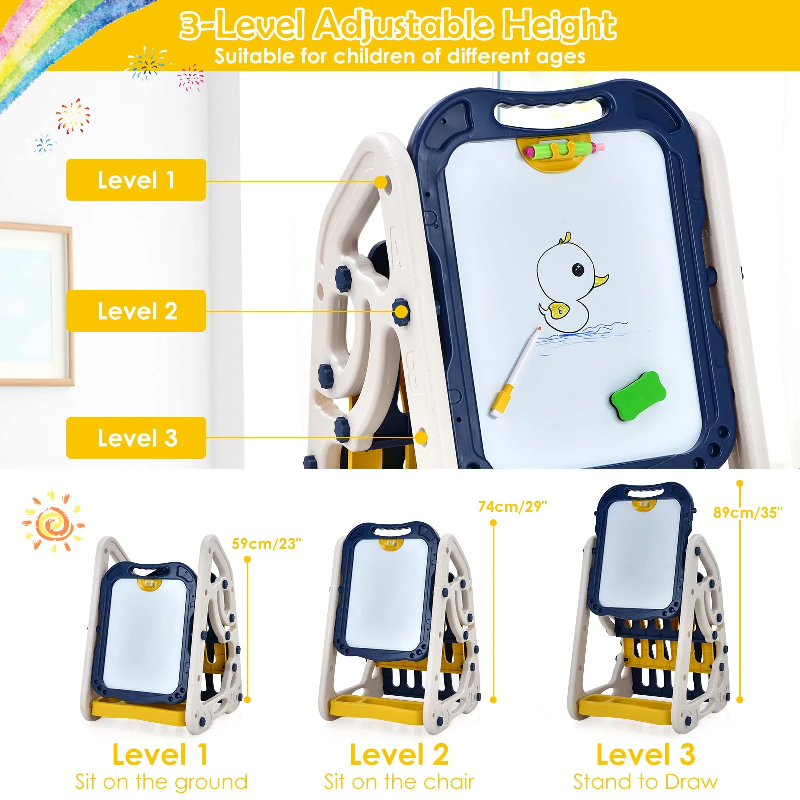 BABY JOY 3 in 1 Kids Art Easel, Double Sided Whiteboard & Chalkboard w/Book Storage Rack - Image 8