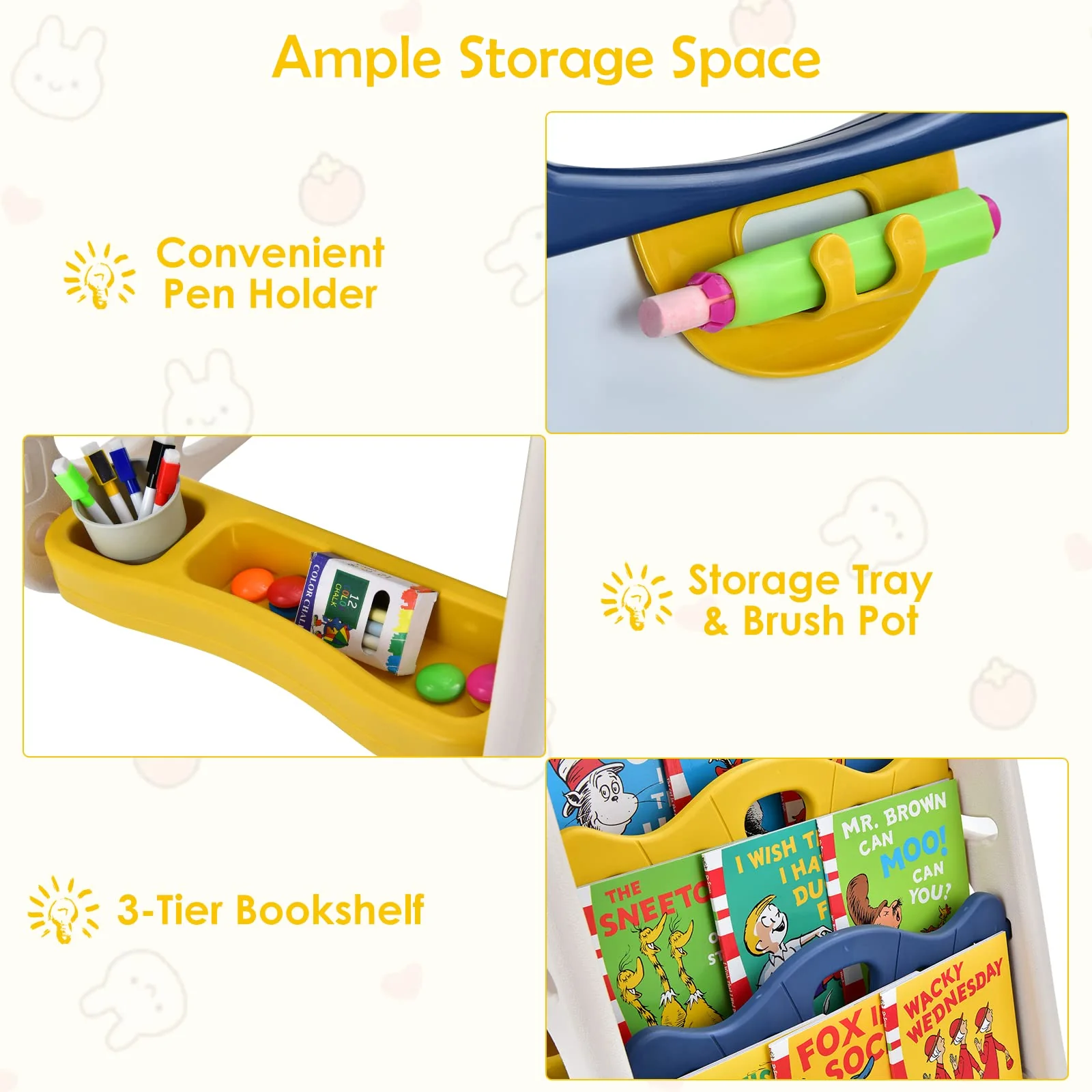 BABY JOY 3 in 1 Kids Art Easel, Double Sided Whiteboard & Chalkboard w/Book Storage Rack - Image 9