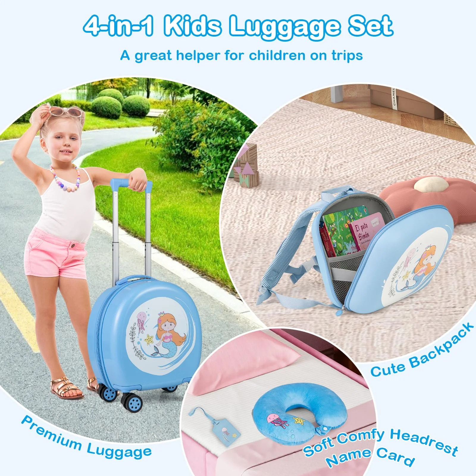 BABY JOY 4 Pieces Kids Luggage Set, Kids Rolling Suitcase Set w/14” Carry-on Hardside Spinner Toddler Luggage - Image 4