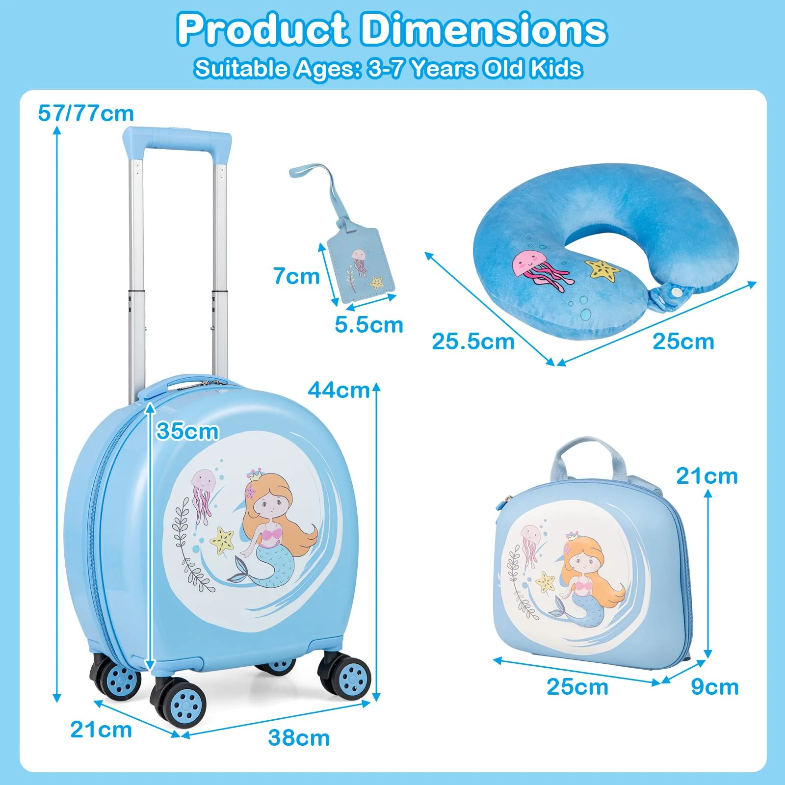 BABY JOY 4 Pieces Kids Luggage Set, Kids Rolling Suitcase Set w/14” Carry-on Hardside Spinner Toddler Luggage - Image 7