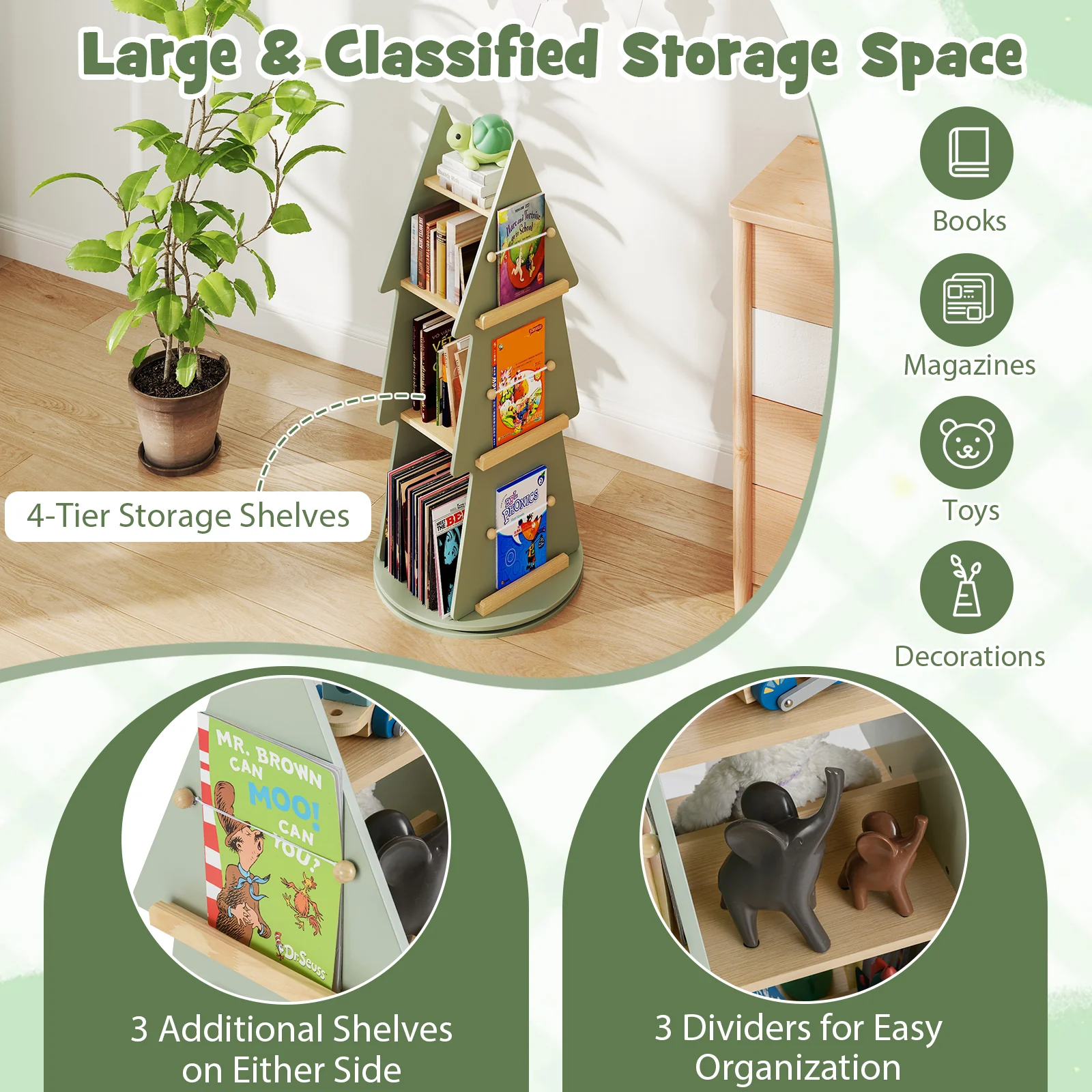 Baby Joy 4 Tier Tree Shape Revolving Bookcase, Freestanding 360° Display Rack Storage Organizer - Image 9