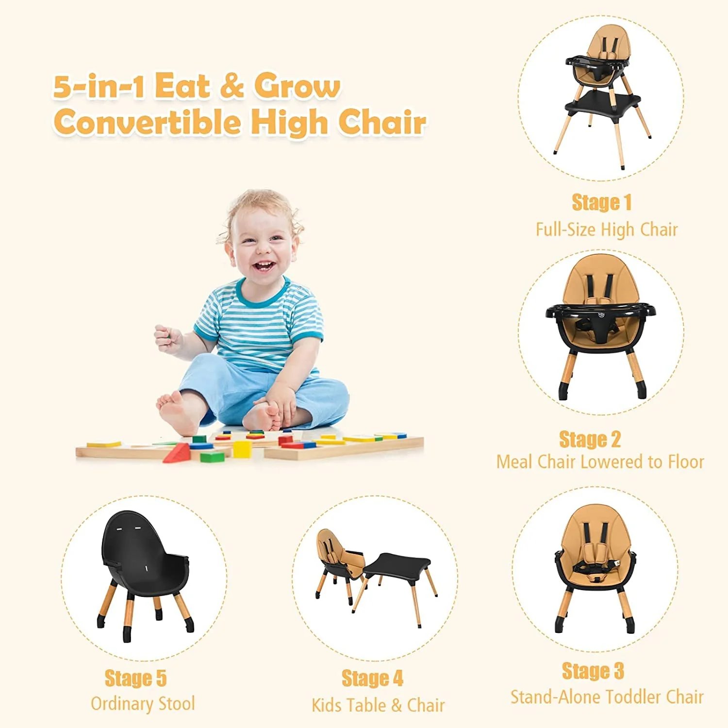BABY JOY 5 in 1 High Chair, Convertible High Chairs for Babies and Toddlers/Booster Seat/Table and Chair Set - Image 4