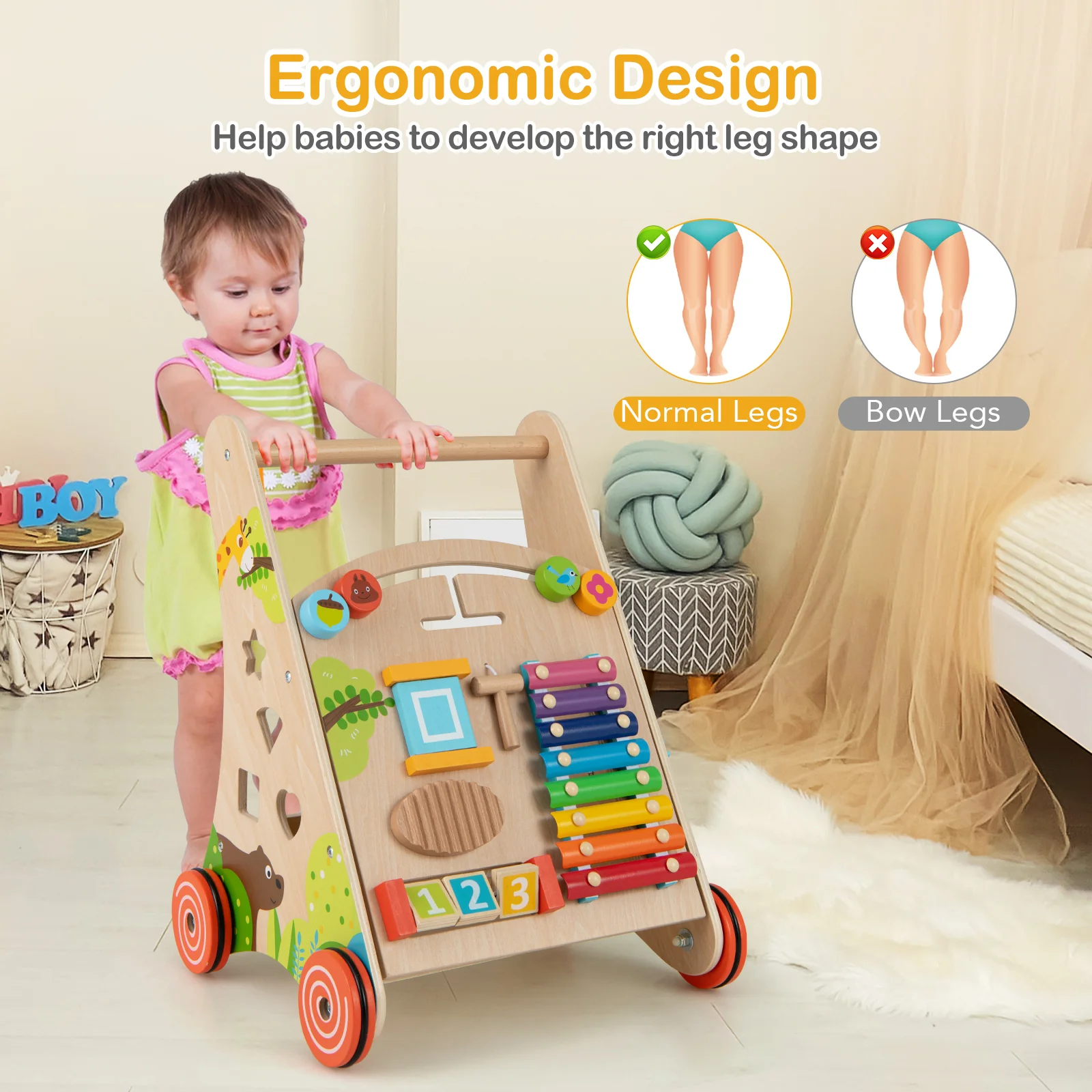 BABY JOY All-in-1 Wooden Baby Walker, Baby Push Walker with Handle - Image 5