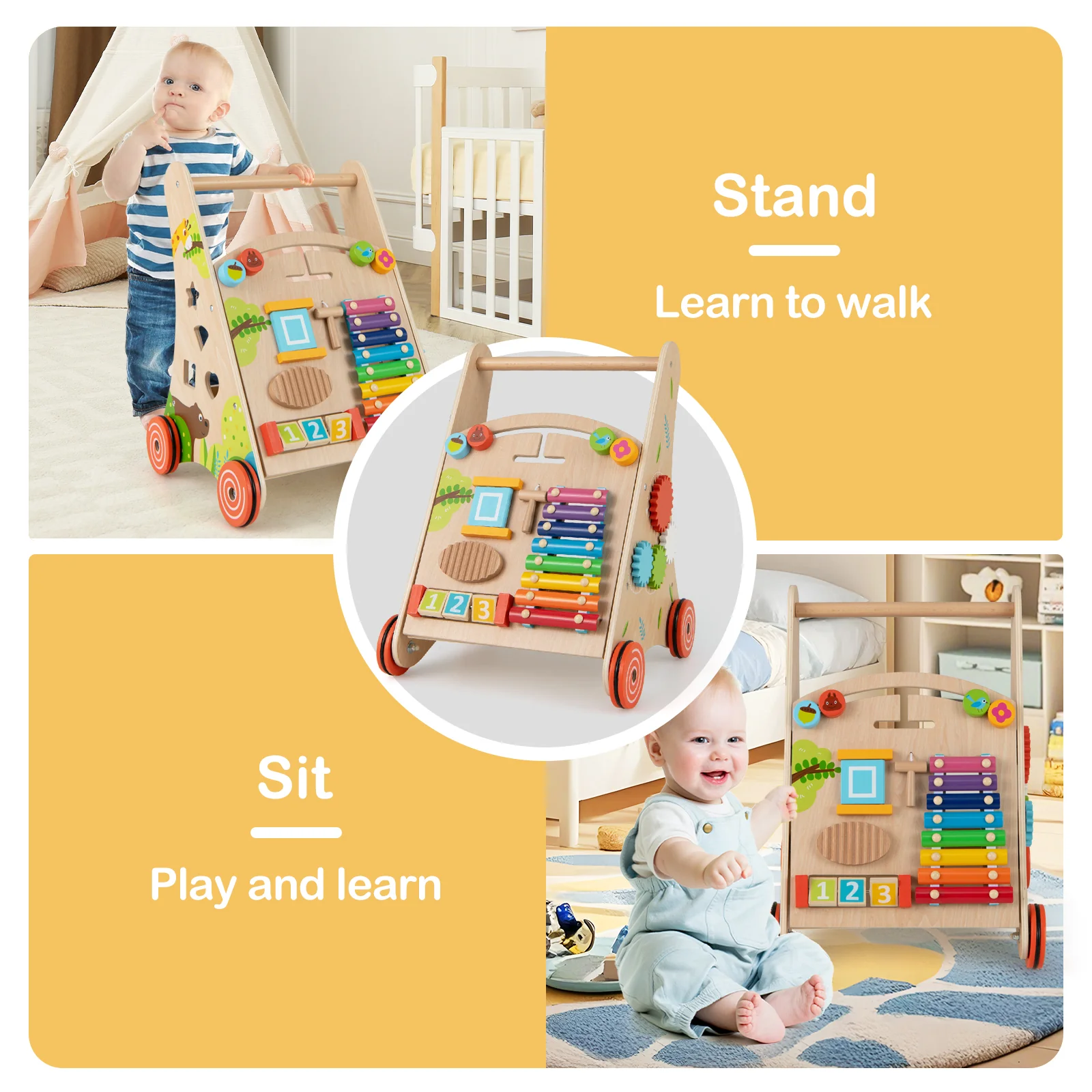 BABY JOY All-in-1 Wooden Baby Walker, Baby Push Walker with Handle - Image 6