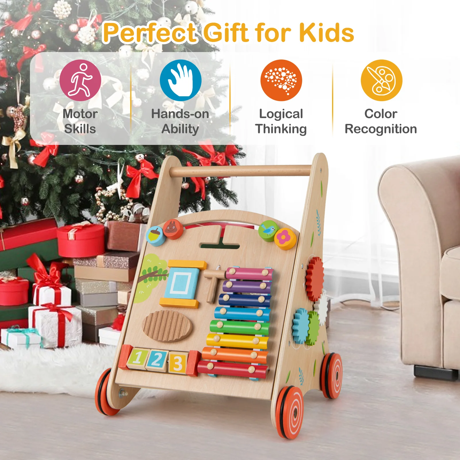 BABY JOY All-in-1 Wooden Baby Walker, Baby Push Walker with Handle - Image 7