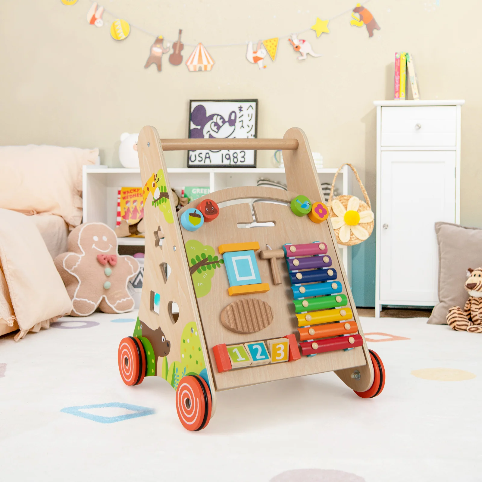 BABY JOY All-in-1 Wooden Baby Walker, Baby Push Walker with Handle - Image 9
