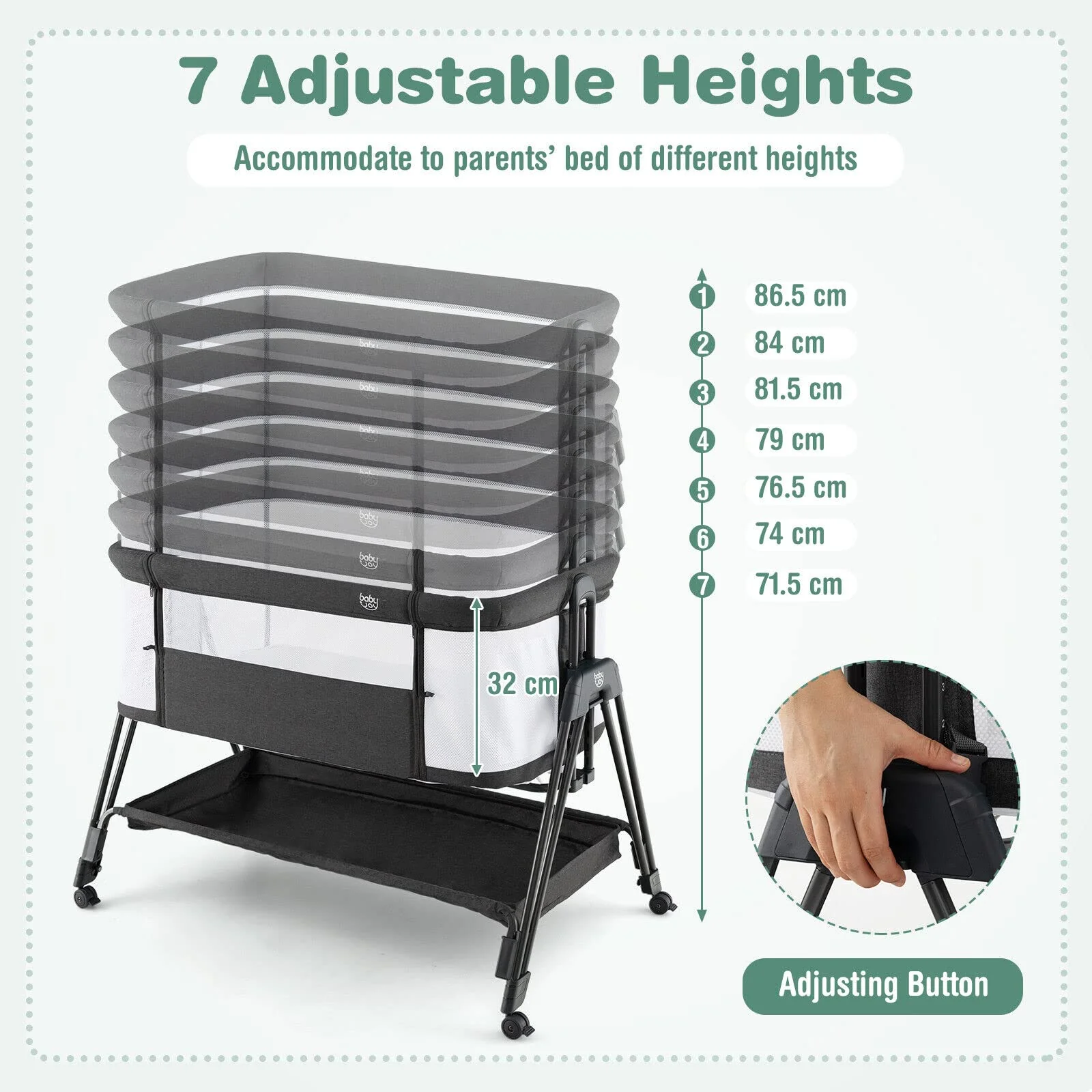 BABY JOY Baby Cot Bed Crib Portable Bassinet Bedside Sleeper Height Adjustable - Image 3