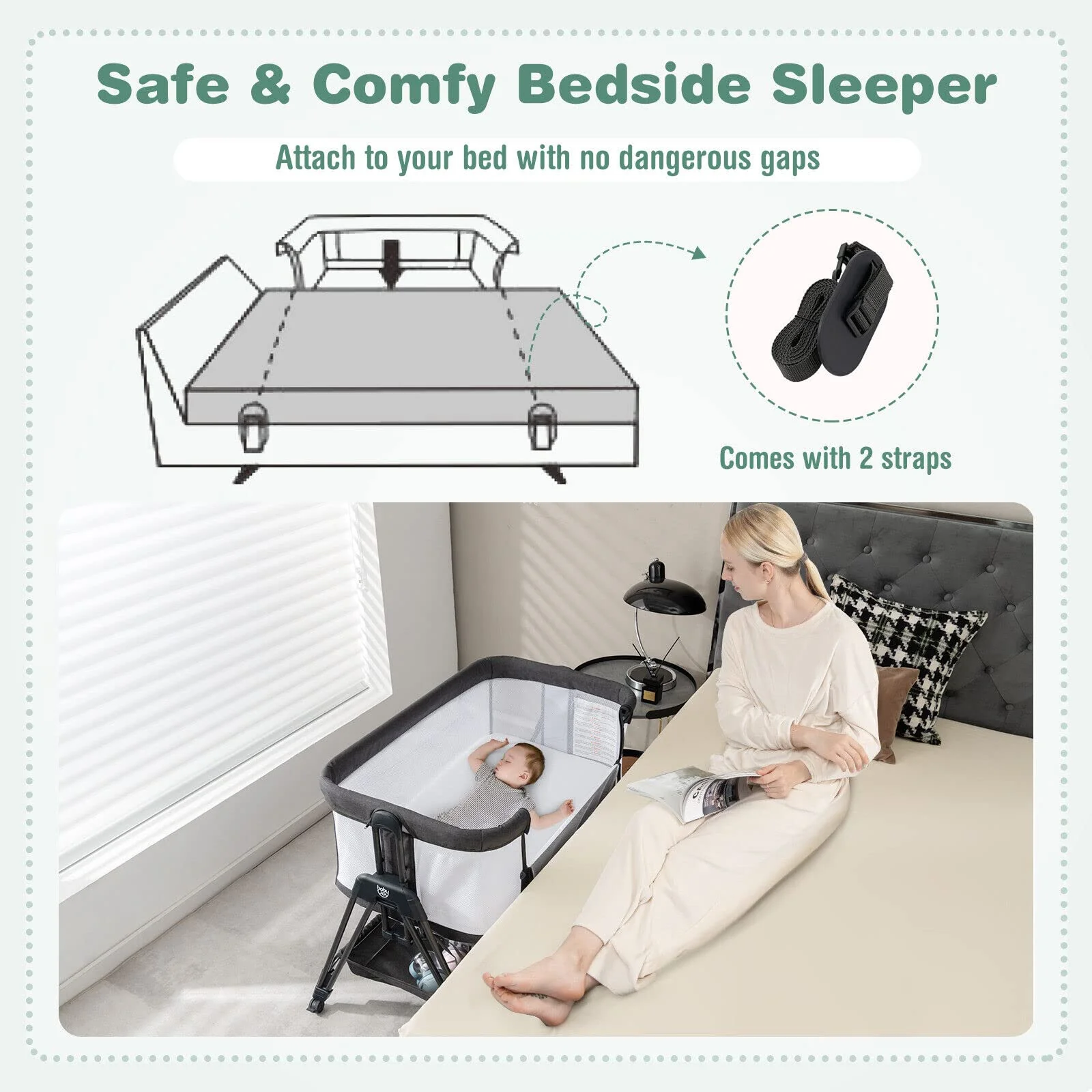 BABY JOY Baby Cot Bed Crib Portable Bassinet Bedside Sleeper Height Adjustable - Image 4