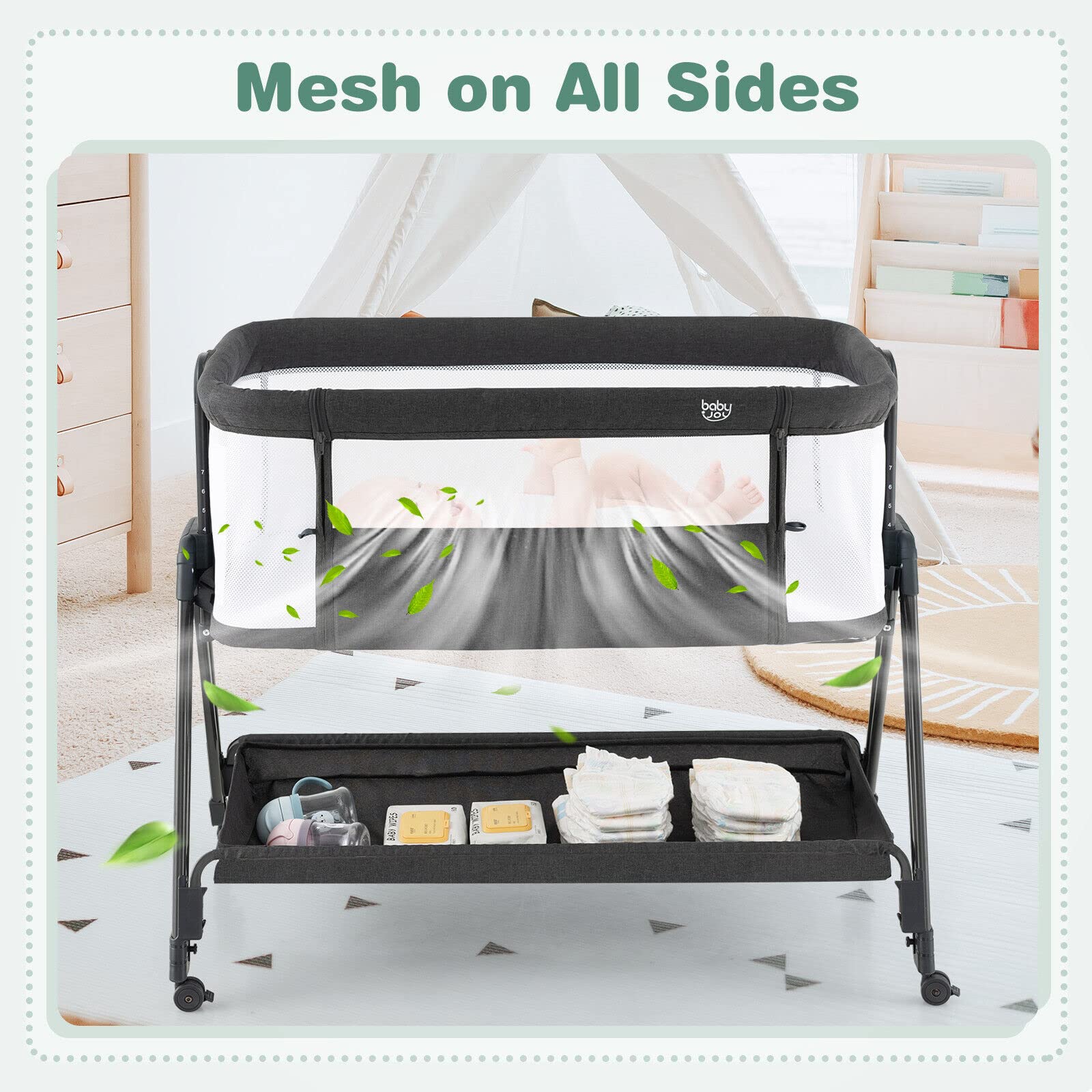BABY JOY Baby Cot Bed Crib Portable Bassinet Bedside Sleeper Height Adjustable - Image 7