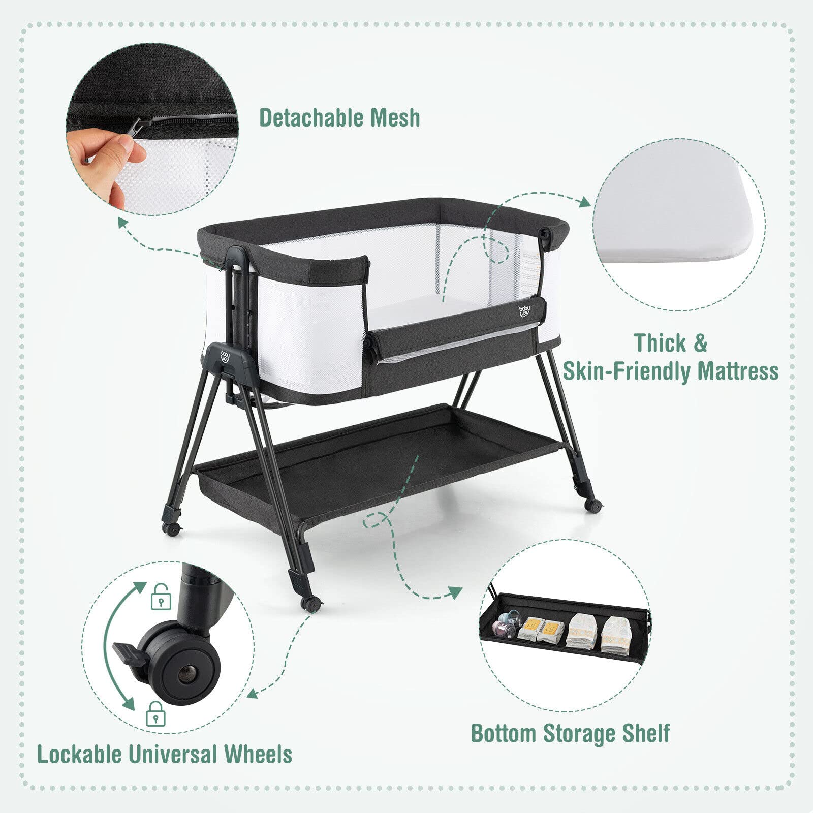 BABY JOY Baby Cot Bed Crib Portable Bassinet Bedside Sleeper Height Adjustable - Image 8