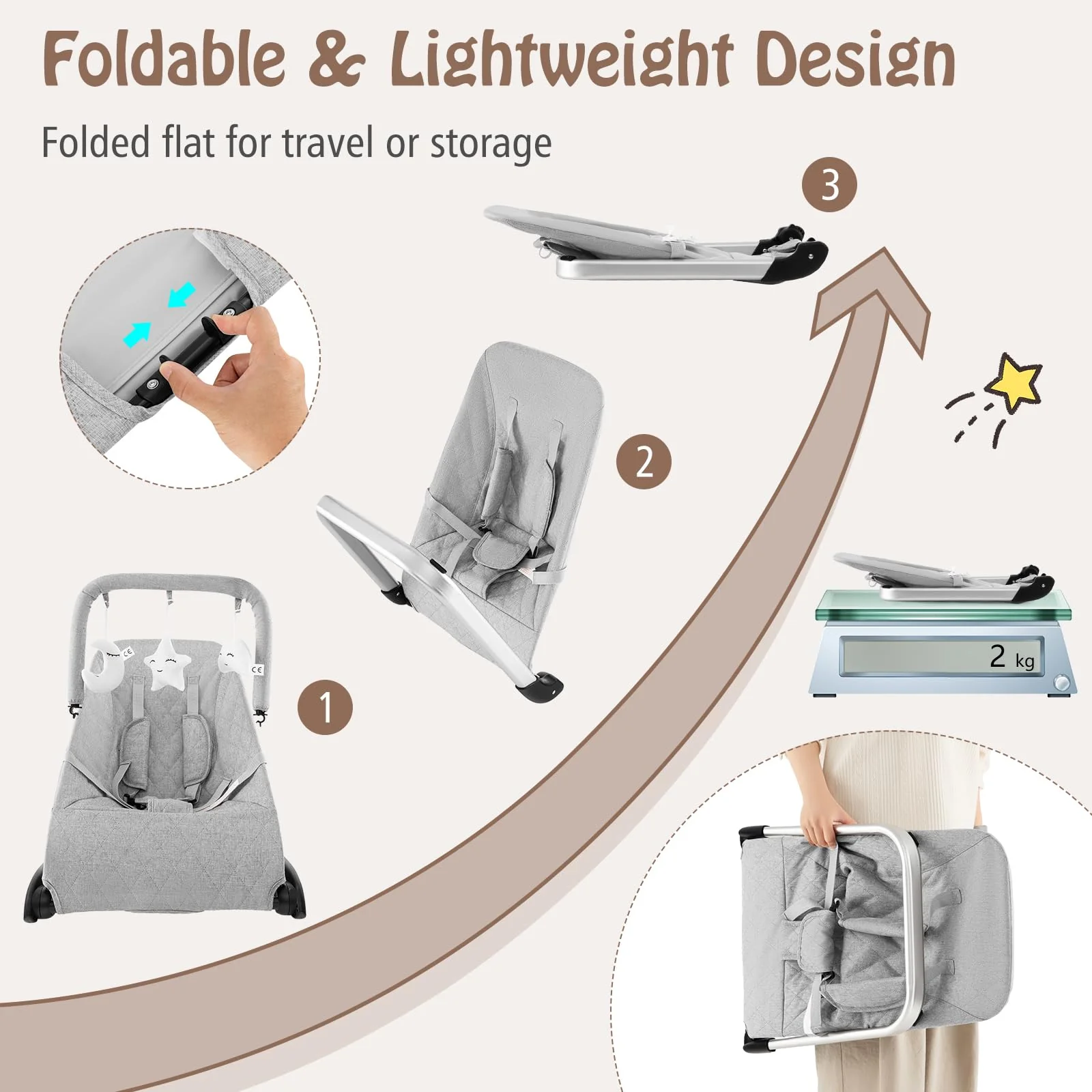BABY JOY Baby Bouncer, Foldable Baby Rocker with 5-Point Safety Harness - Image 3