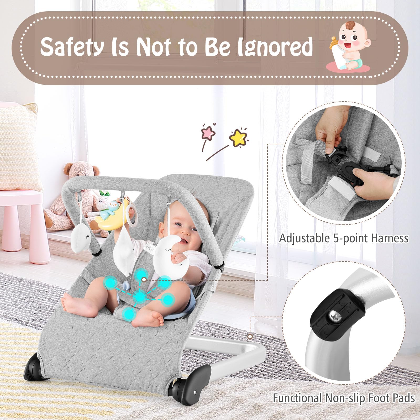 BABY JOY Baby Bouncer, Foldable Baby Rocker with 5-Point Safety Harness - Image 5