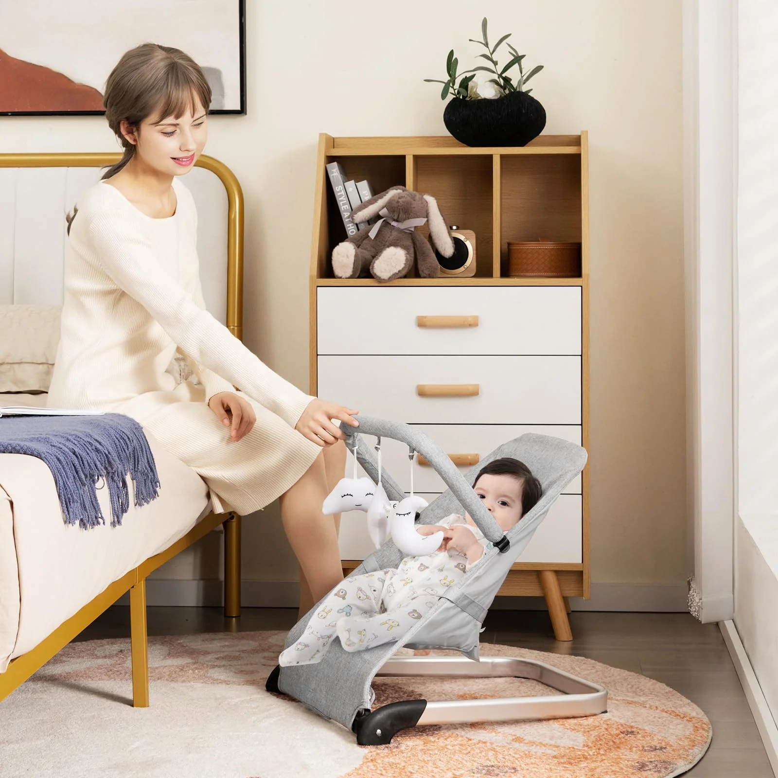 BABY JOY Baby Bouncer, Foldable Baby Rocker with 5-Point Safety Harness - Image 8
