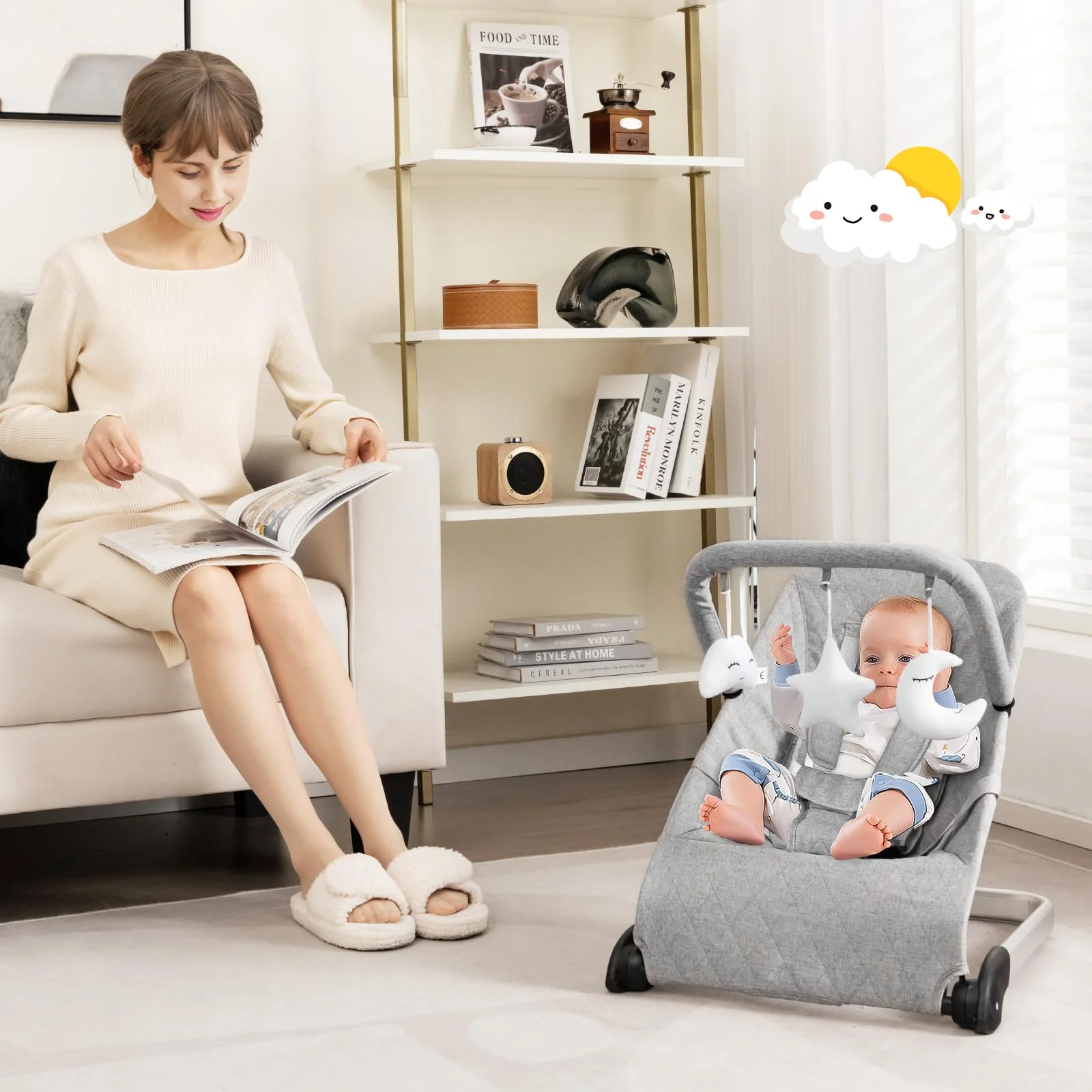 BABY JOY Baby Bouncer, Foldable Baby Rocker with 5-Point Safety Harness - Image 9