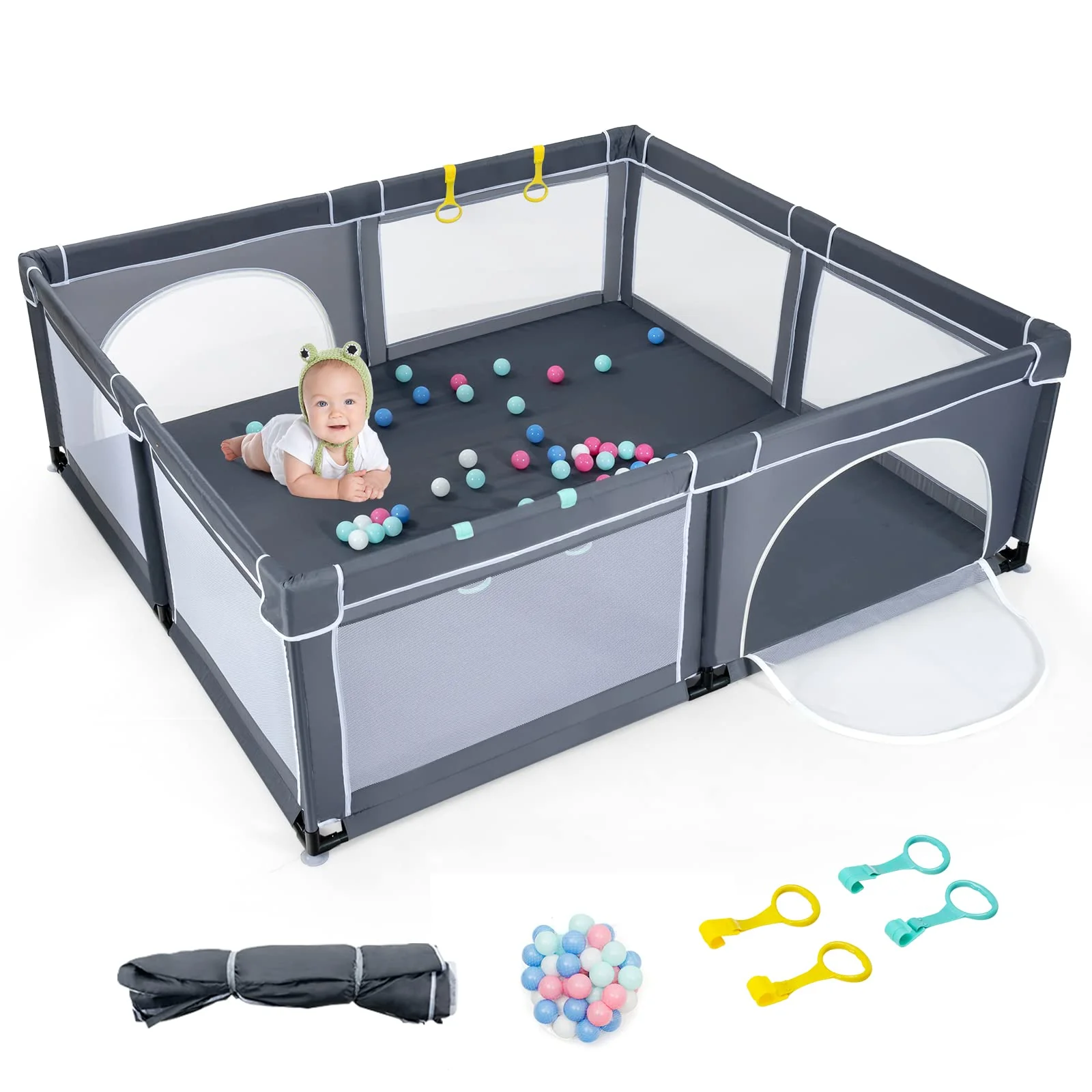 BABY JOY Baby Playpen for Toddler, 206 x 185.5 x 68 cm Large Safety Play Yard with 50 Ocean Balls, 4 Pull Rings