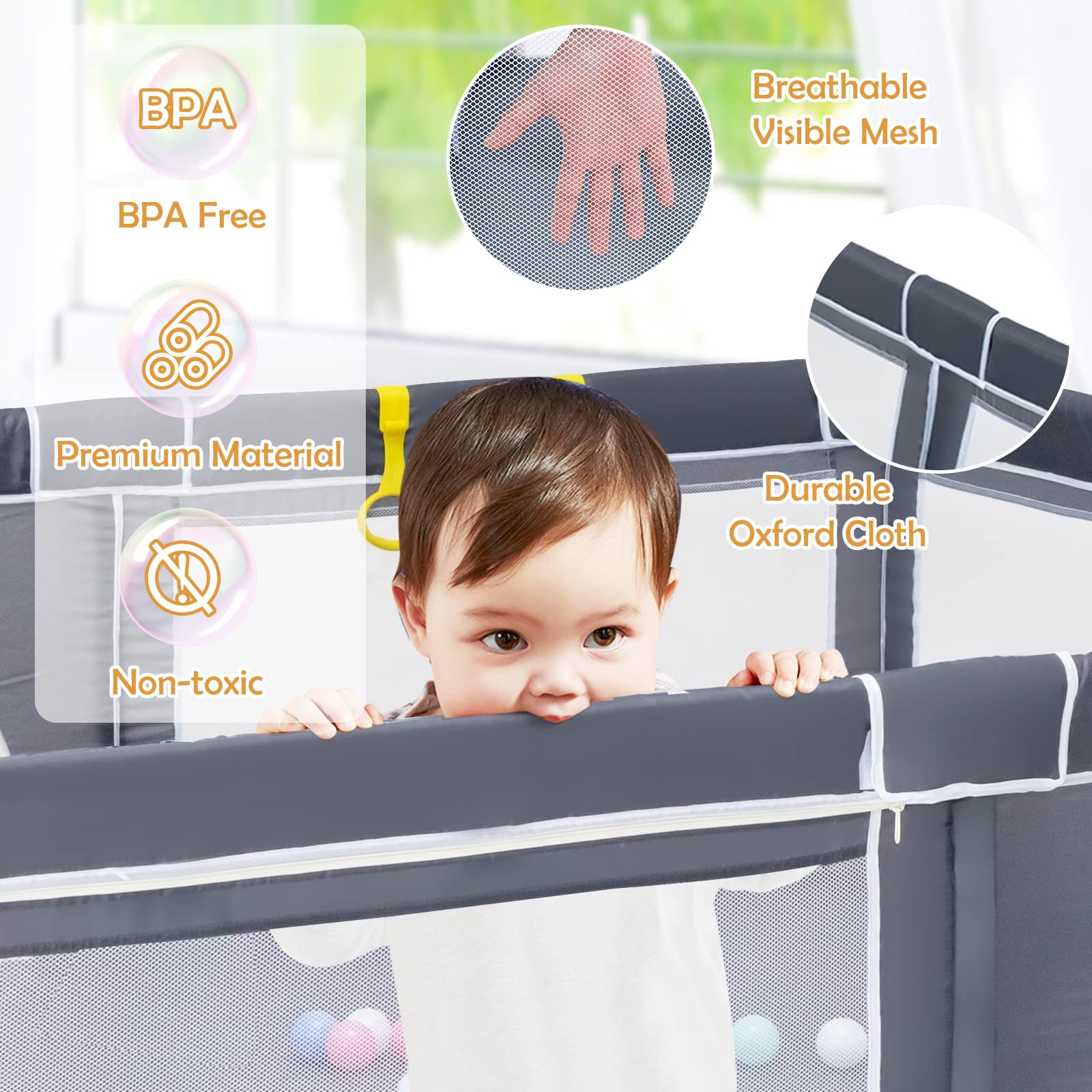 BABY JOY Baby Playpen for Toddler, 206 x 185.5 x 68 cm Large Safety Play Yard with 50 Ocean Balls, 4 Pull Rings - Image 3