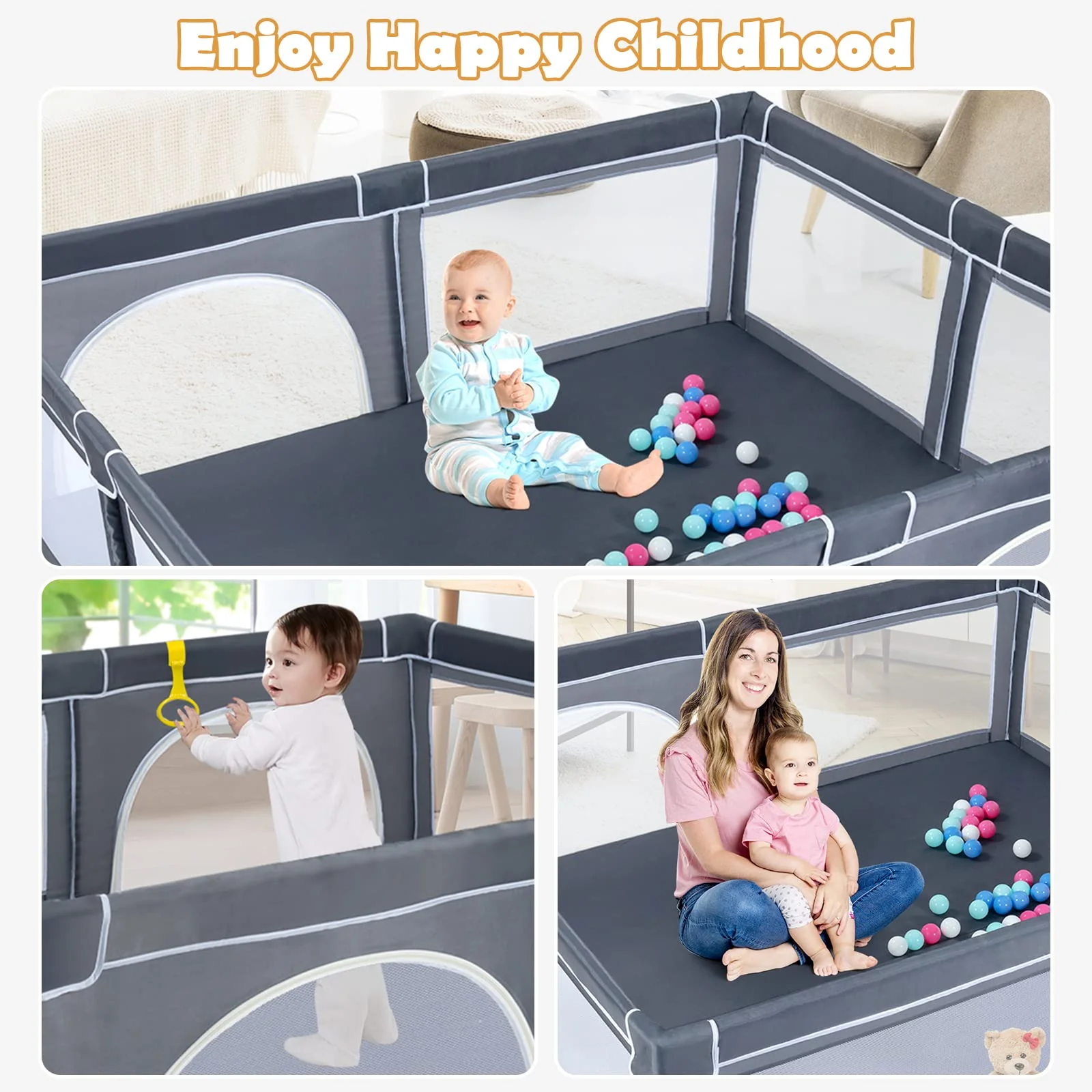 BABY JOY Baby Playpen for Toddler, 206 x 185.5 x 68 cm Large Safety Play Yard with 50 Ocean Balls, 4 Pull Rings - Image 4
