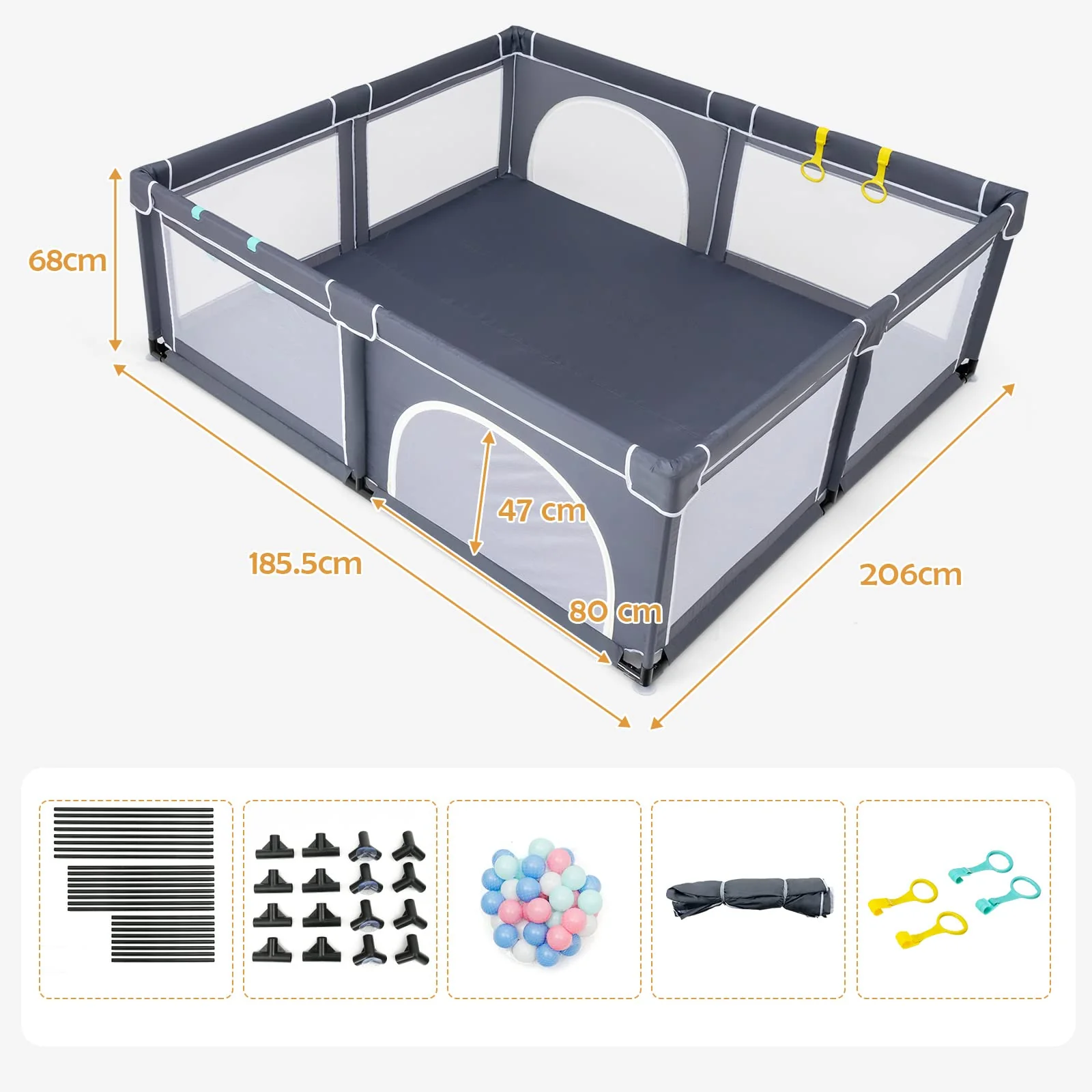BABY JOY Baby Playpen for Toddler, 206 x 185.5 x 68 cm Large Safety Play Yard with 50 Ocean Balls, 4 Pull Rings - Image 5