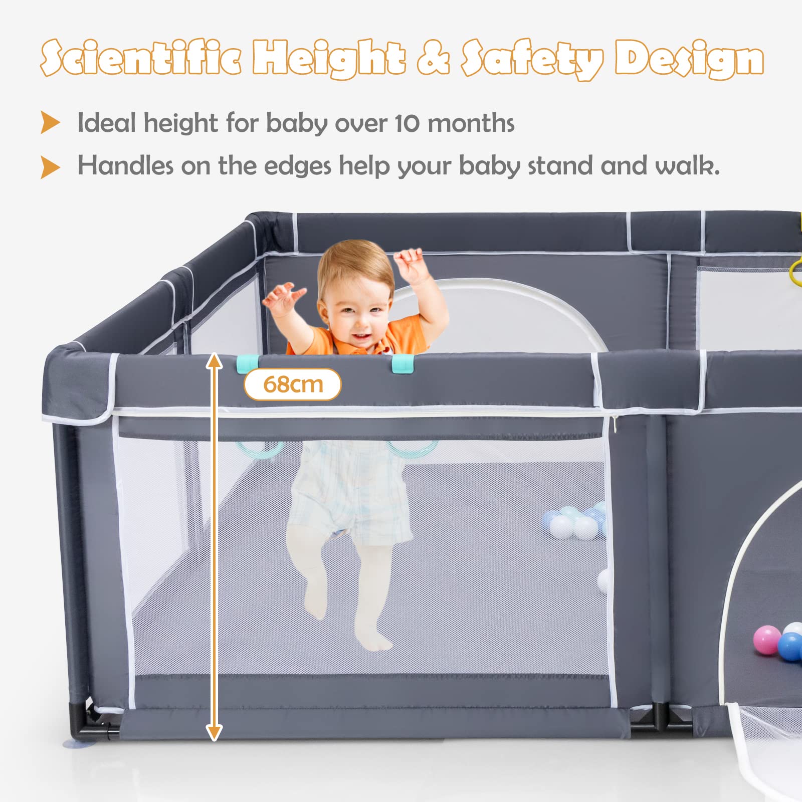 BABY JOY Baby Playpen for Toddler, 206 x 185.5 x 68 cm Large Safety Play Yard with 50 Ocean Balls, 4 Pull Rings - Image 6