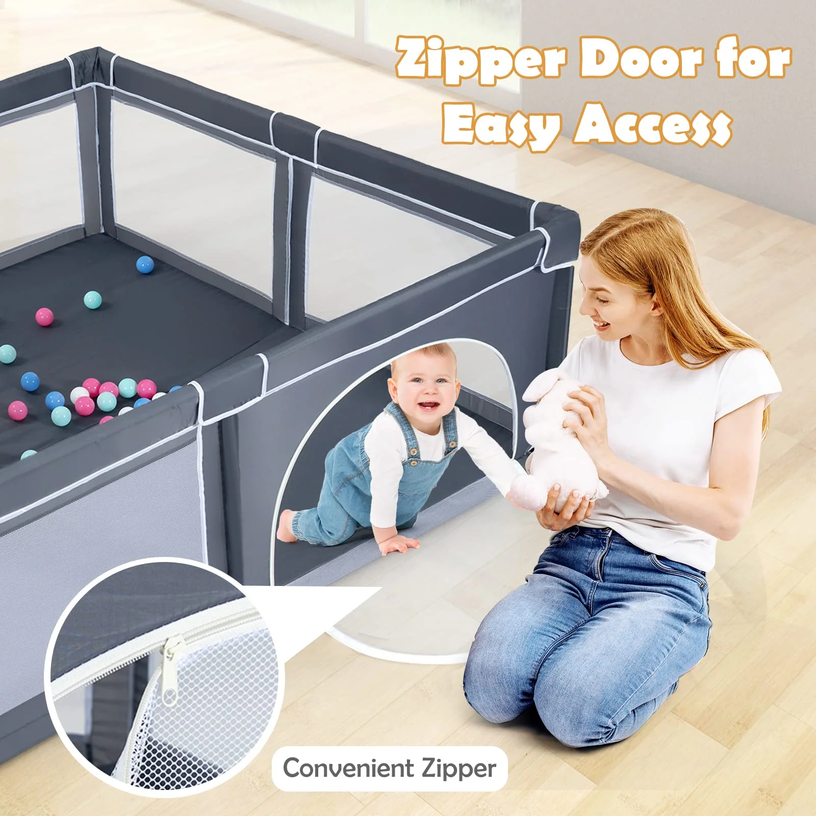 BABY JOY Baby Playpen for Toddler, 206 x 185.5 x 68 cm Large Safety Play Yard with 50 Ocean Balls, 4 Pull Rings - Image 7