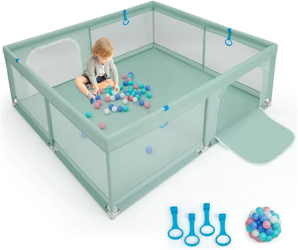 BABY JOY Baby Playpen for Toddlers, 200 x 180 x 68 cm Large Safety Play Yard with 4 Pull Rings & 50 Ocean Balls - Image 10