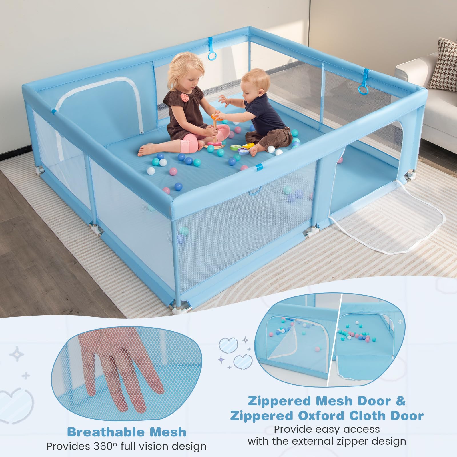 BABY JOY Baby Playpen for Toddlers, 200 x 180 x 68 cm Large Safety Play Yard with 4 Pull Rings & 50 Ocean Balls - Image 4