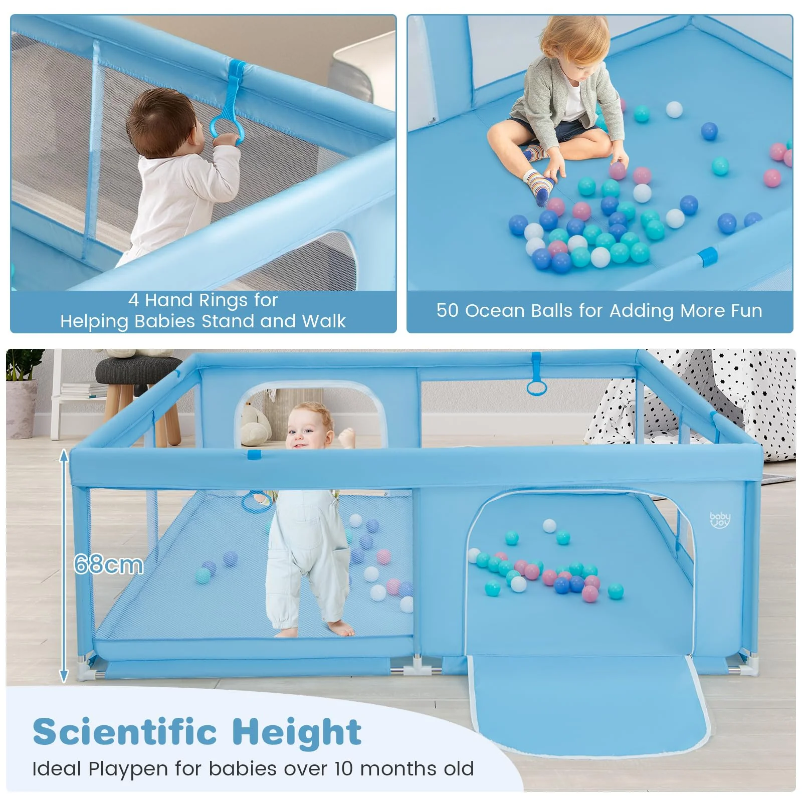 BABY JOY Baby Playpen for Toddlers, 200 x 180 x 68 cm Large Safety Play Yard with 4 Pull Rings & 50 Ocean Balls - Image 5